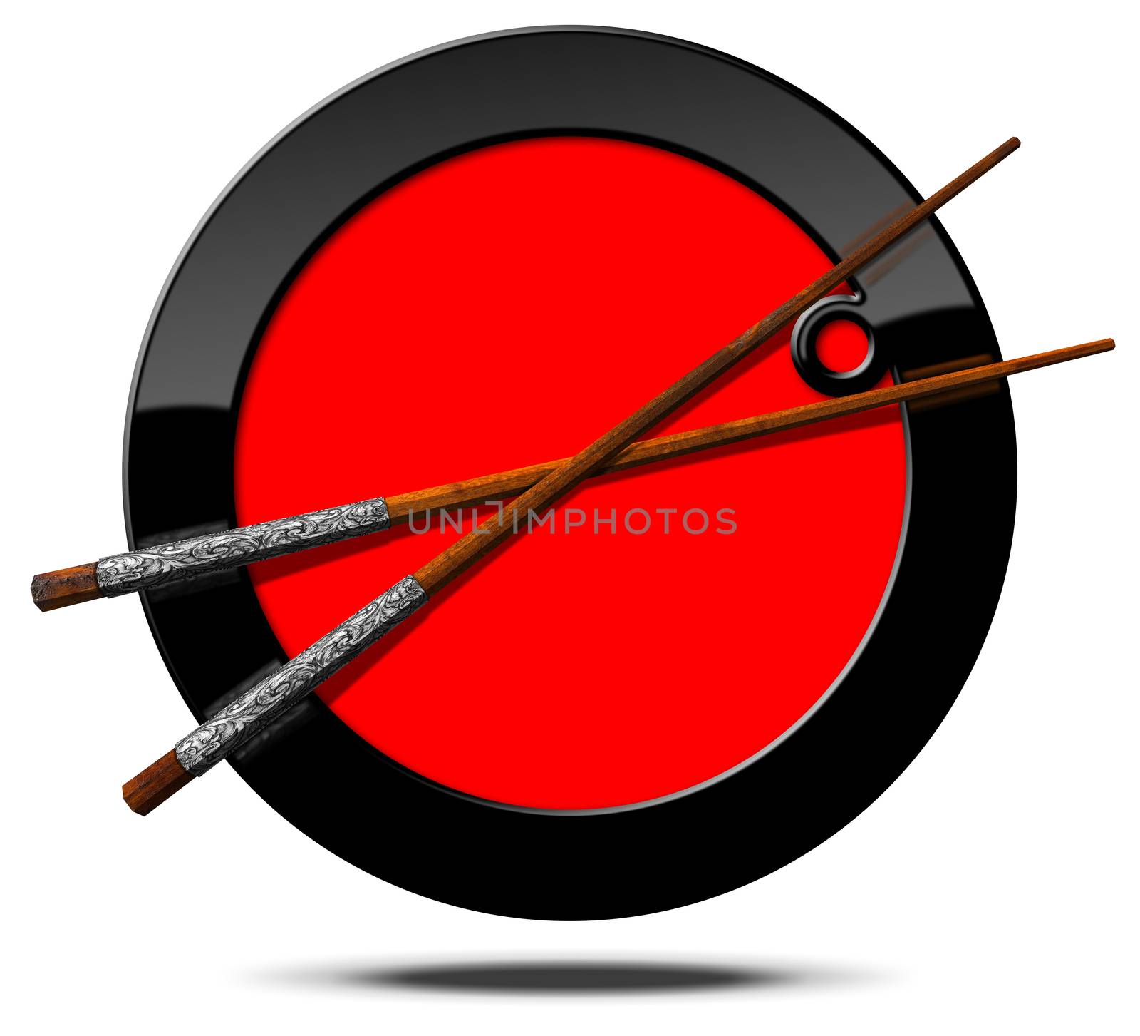 Black and red round symbol with wooden and silver chopsticks for Sushi or Asian cuisine. Isolated on white background