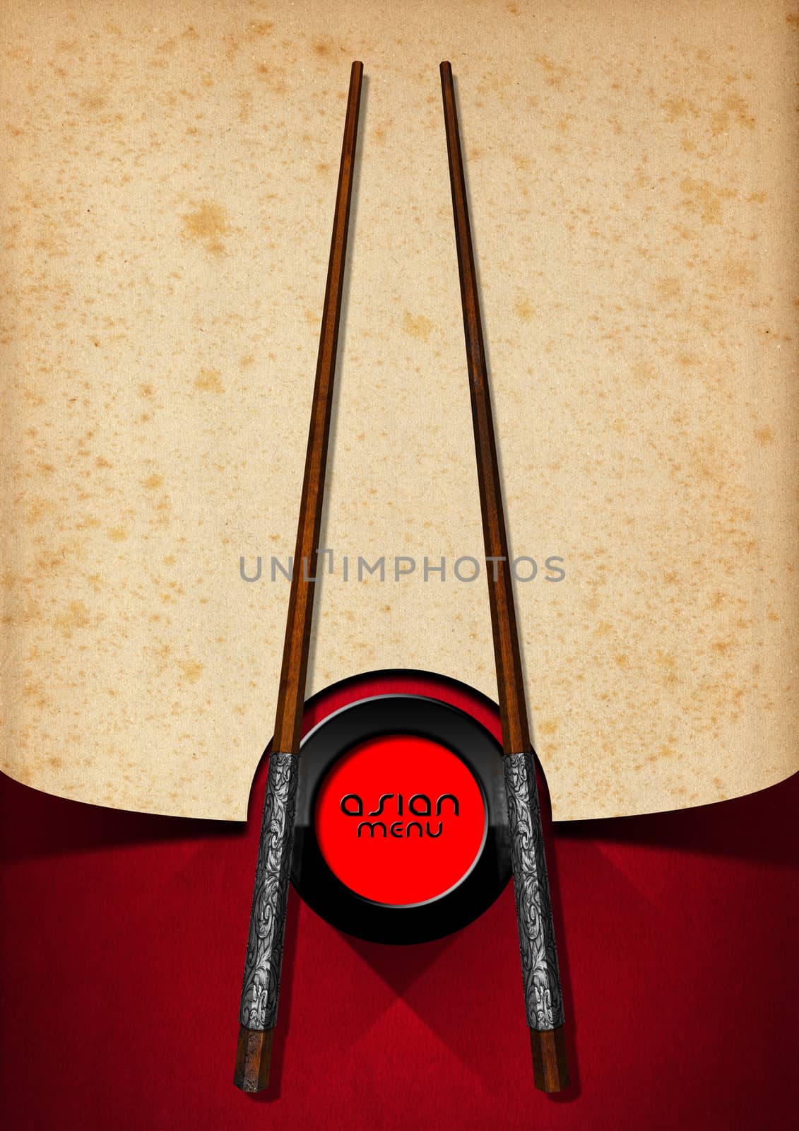 Template for an Asian menu with wooden and silver chopsticks on an yellowed old paper and red velvet background