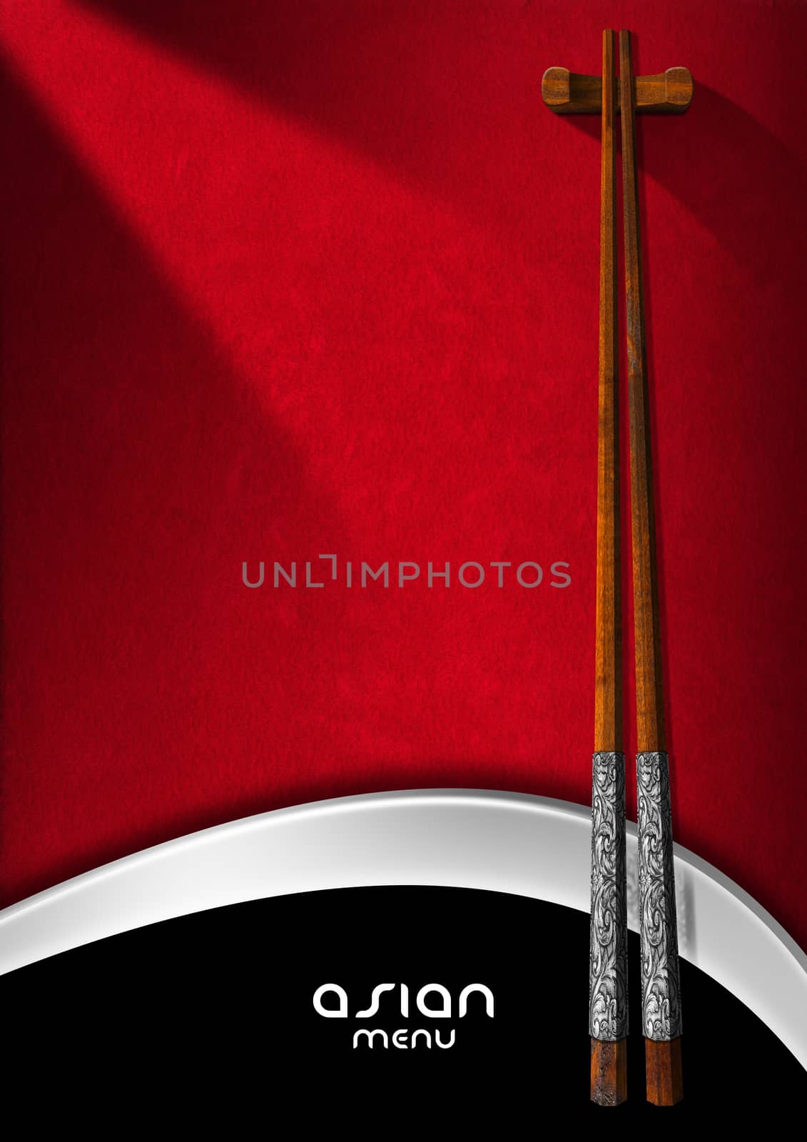 Template for an Asian menu with wooden and silver chopsticks on a red and black background