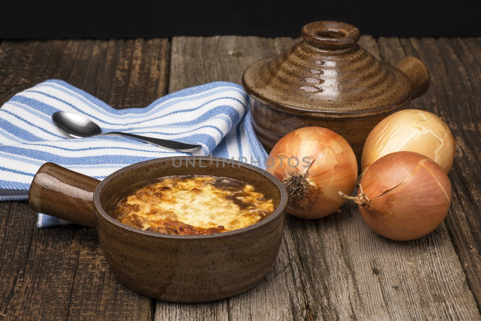 A bowl of hearty homemade french onion soup.