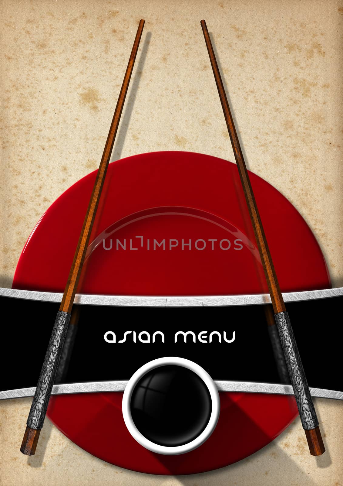 Template for an Asian menu with wooden and silver chopsticks, red plate and a bowl of sauce. On a yellowed old spotted paper