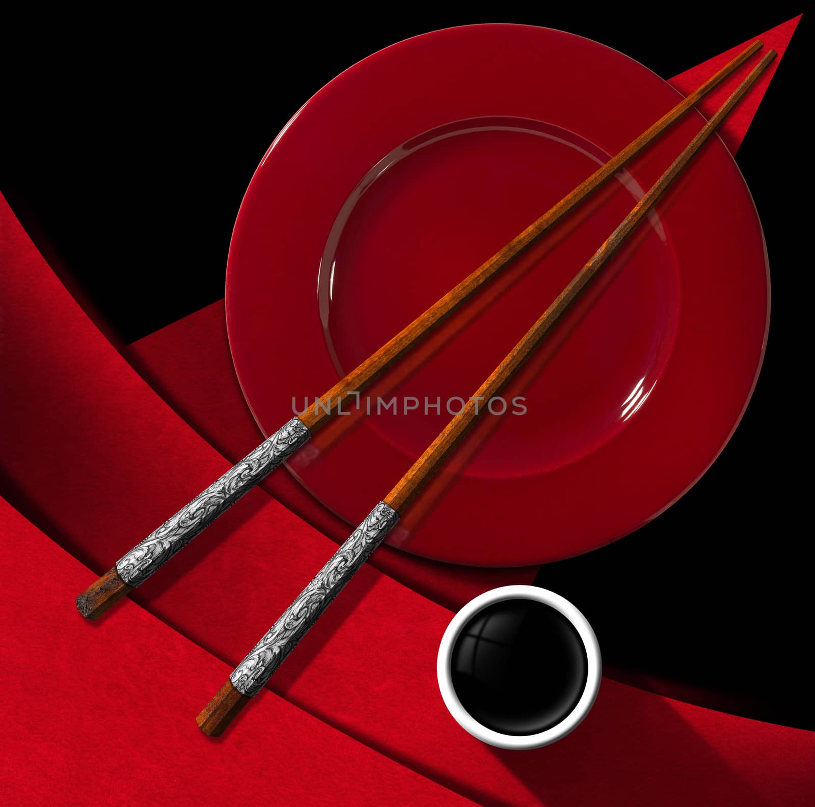 Template for an Asian menu with wooden and silver chopsticks, red plate and a bowl of sauce. On a black and red background with geometric shapes