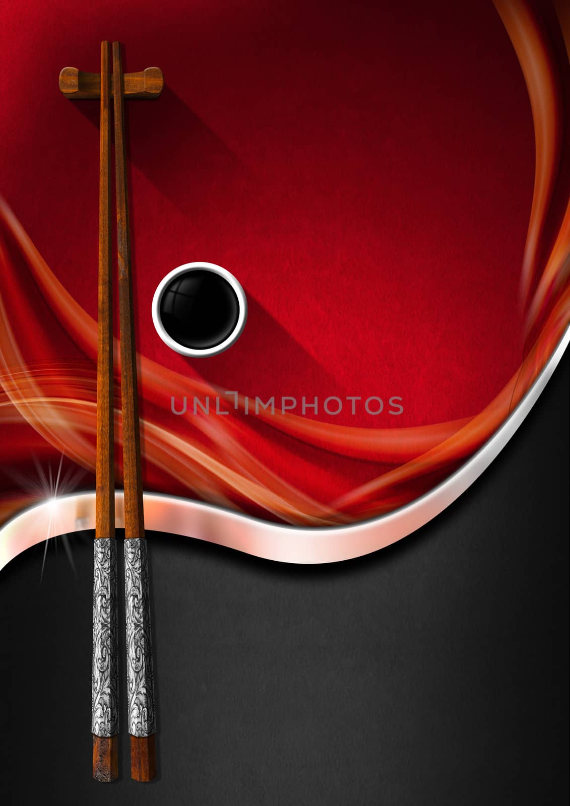 Template for an Asian menu with wooden and silver chopsticks and a bowl of sauce. On a red, orange and black background