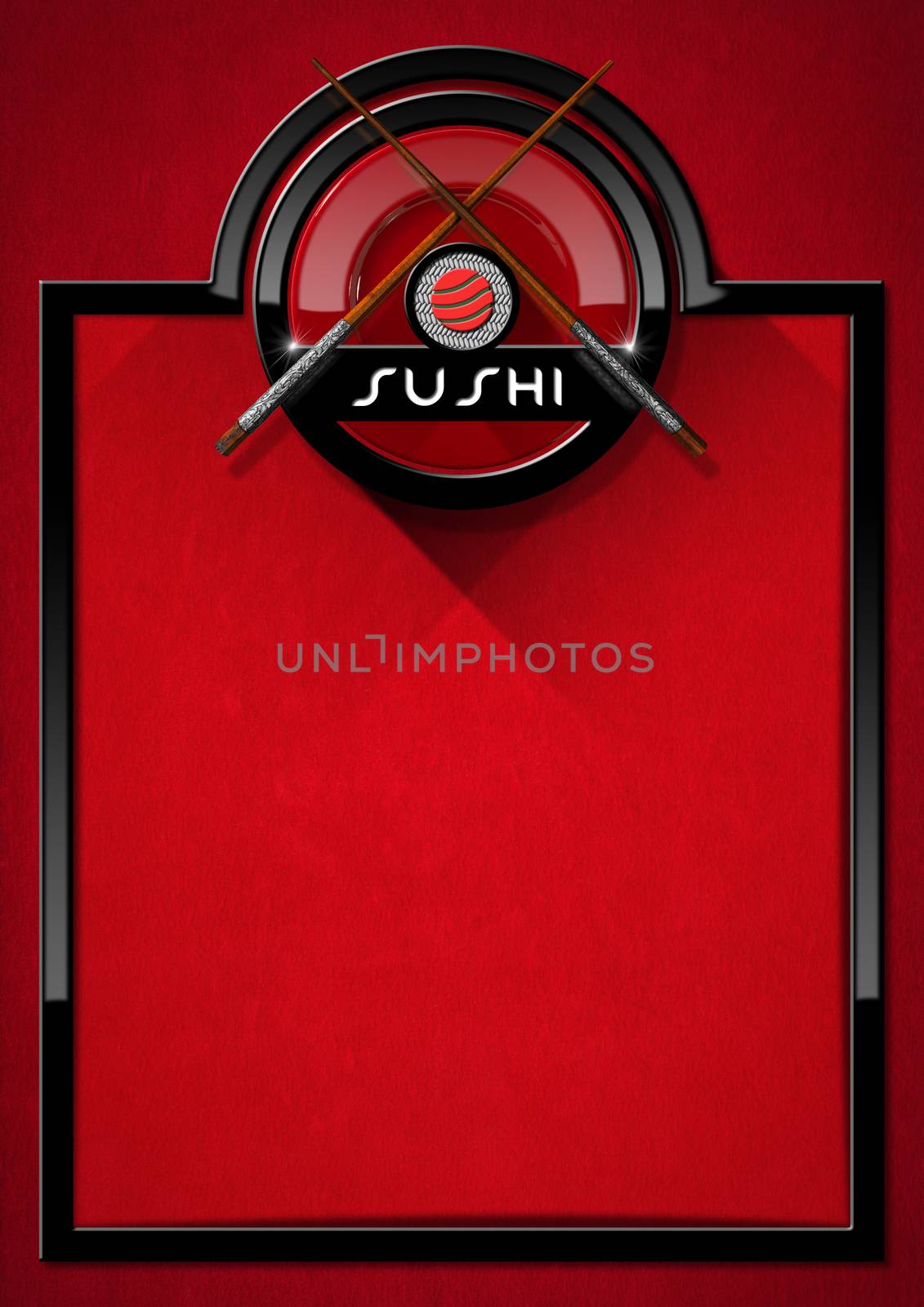 Banner with black frame and round symbol with chopsticks, sushi roll, red plate and text Sushi. Template for Sushi menu