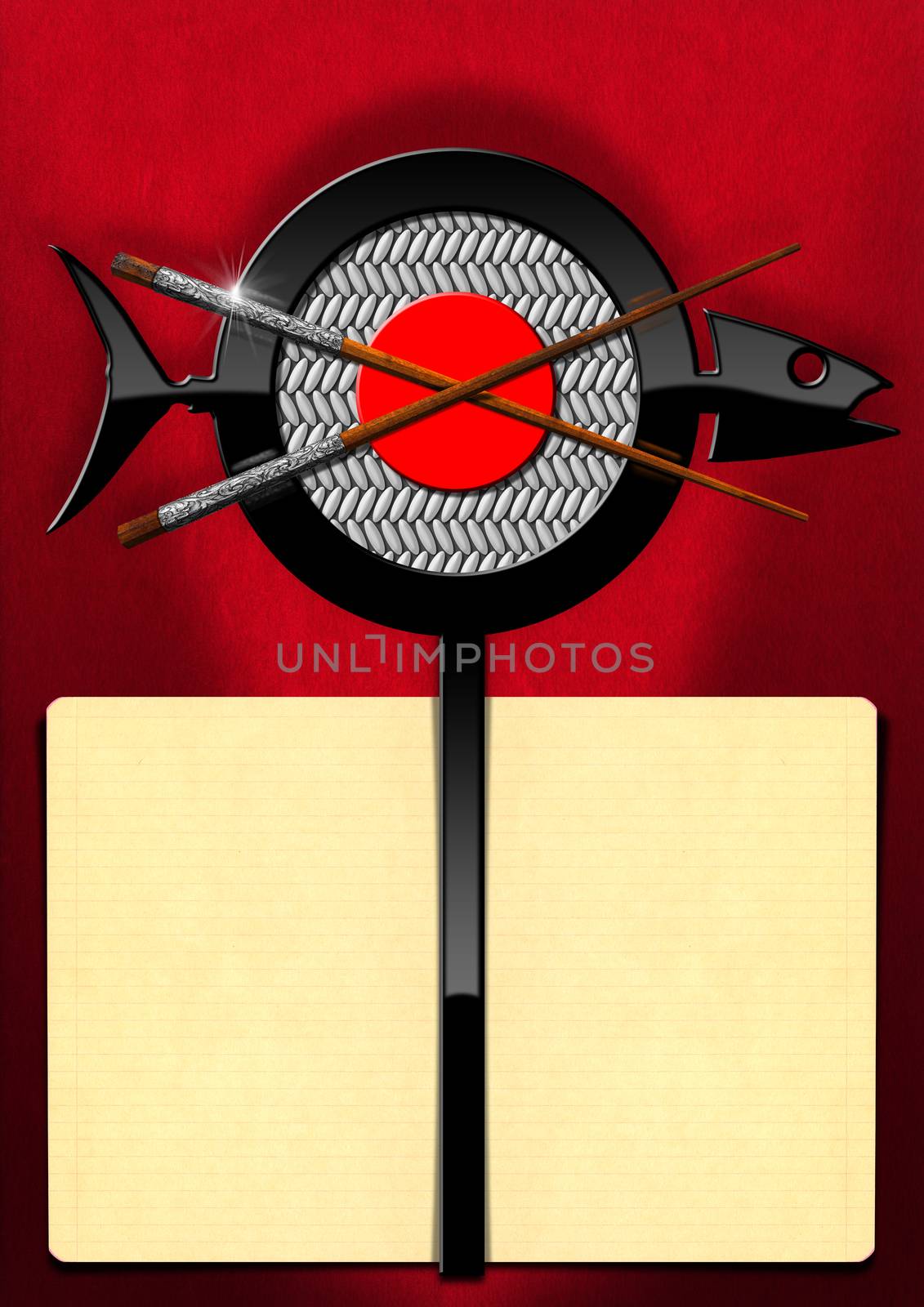 Template for a Sushi menu with yellow empty pages and a symbol in the shape of a fish with wooden and silver chopsticks. On a red background 

