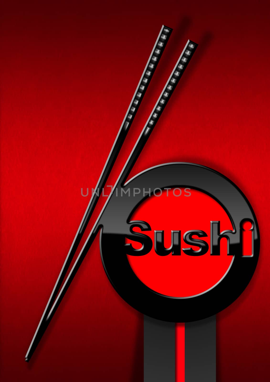 Sushi menu design with a black and red symbol with chopsticks and text Sushi on a red velvet background with shadows