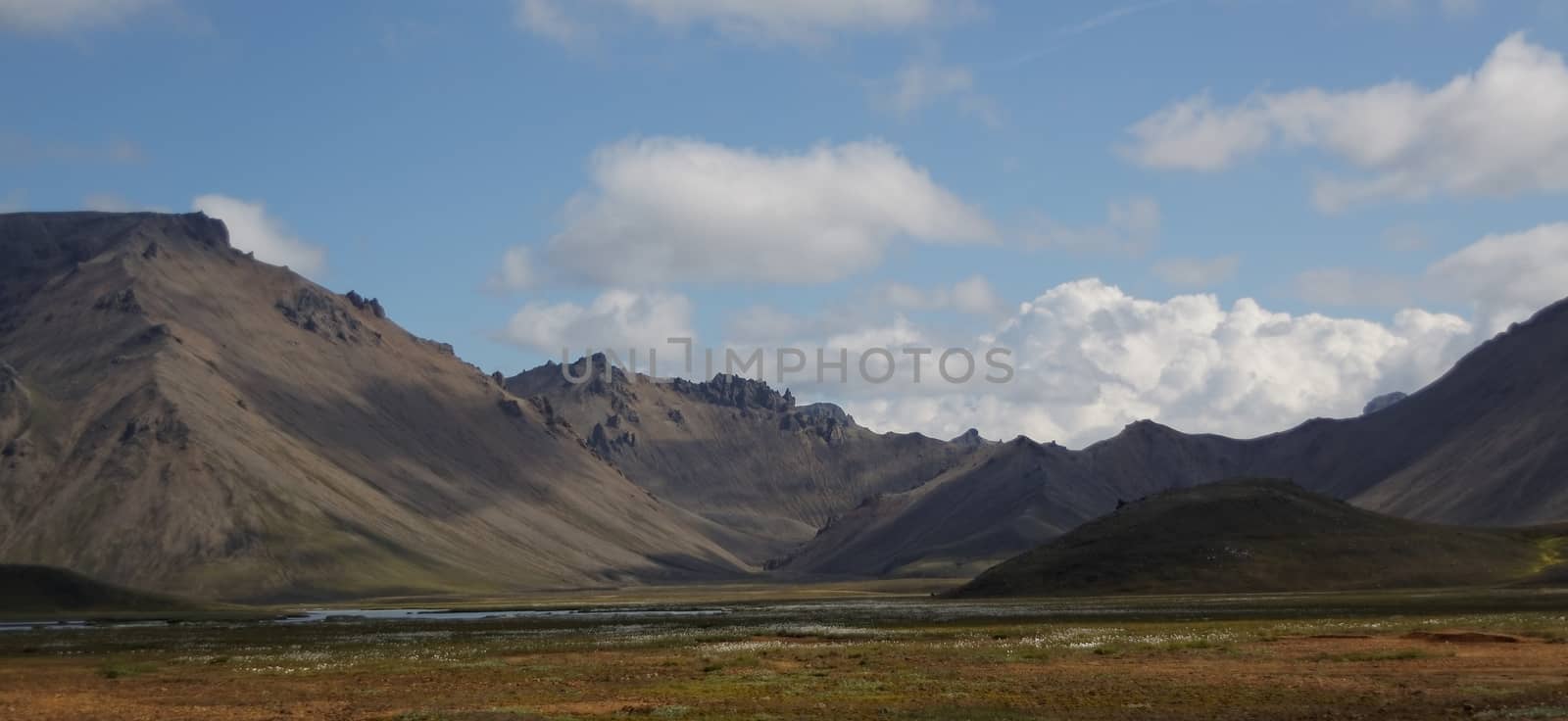 Landscape with old and live volcano and hot river in Iceland 