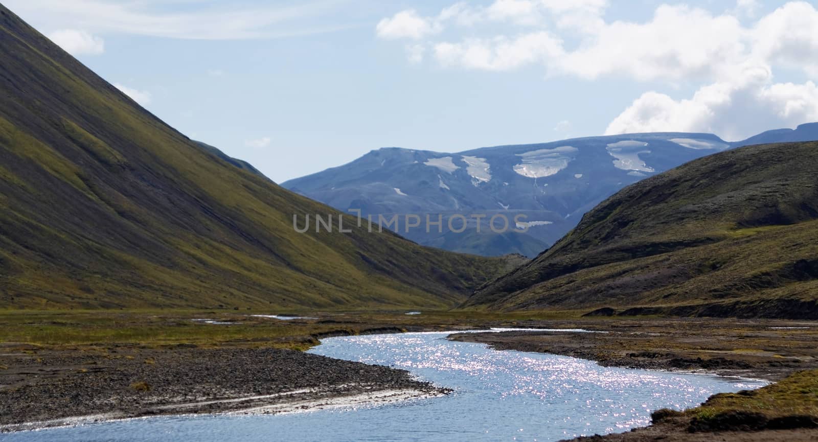 Landscape with old  volcano and river  in Iceland 