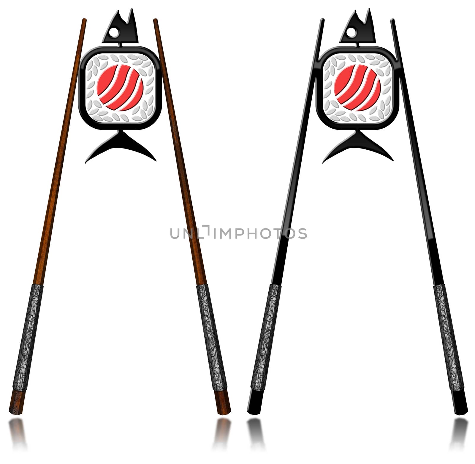 Two symbols of Sushi with wooden, silver and black chopsticks. Isolated on white background