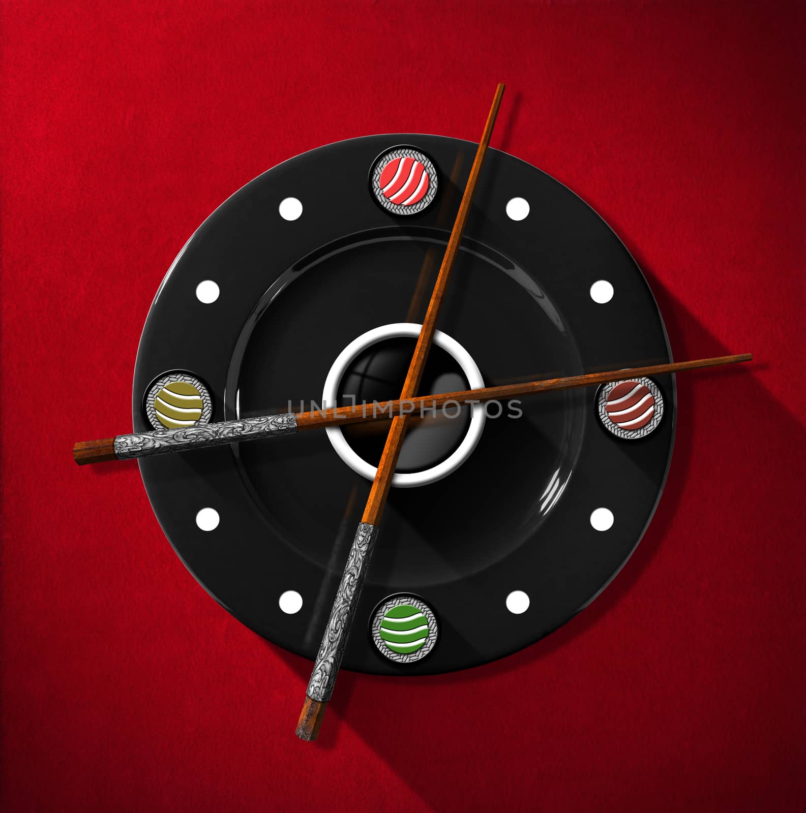 Clock composed by a black plate with wooden and silver chopsticks in the place of the clock hands and four sushi rolls. On a red velvet background
