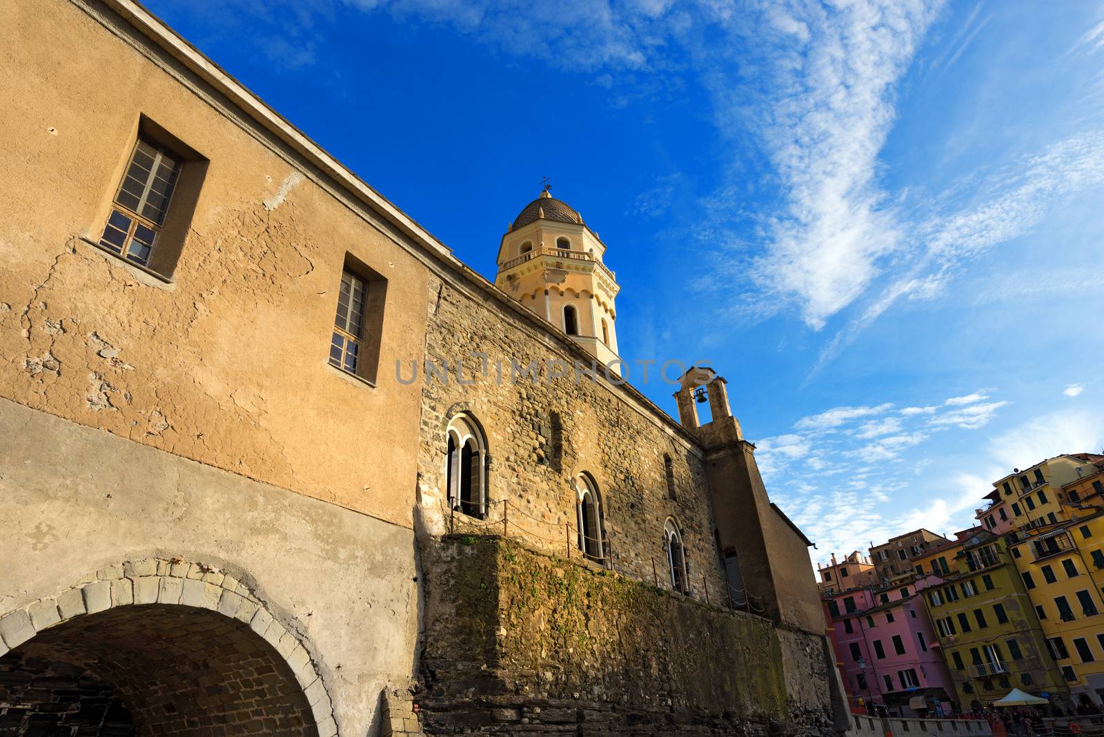 Vernazza village with the church of Santa Margherita di Antiochia. Cinque terre, national park in Liguria Italy. UNESCO world heritage site