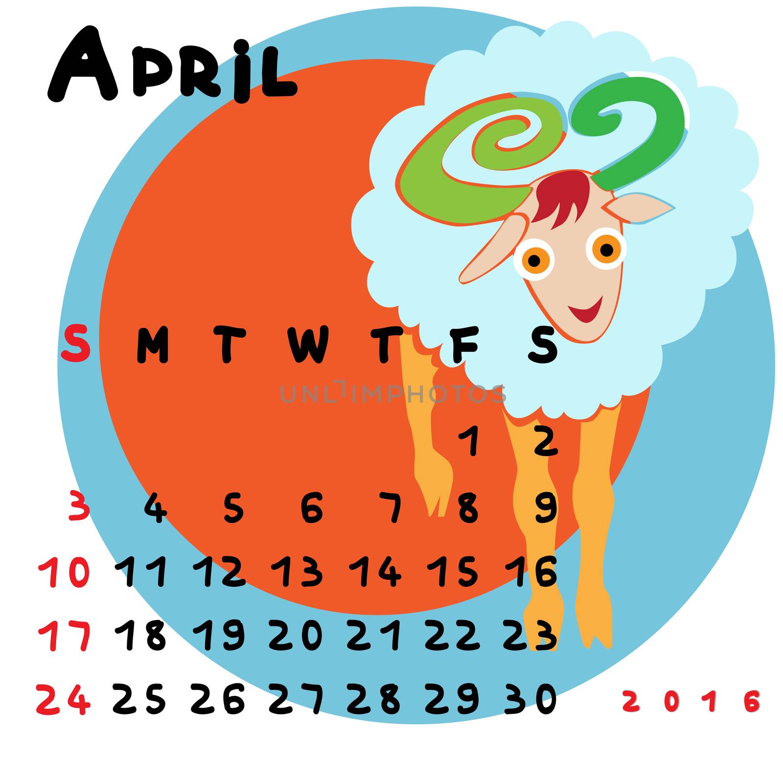 Graphic illustration of the calendar of April 2016 with original hand drawn text and colored clip art of Aries zodiac sign