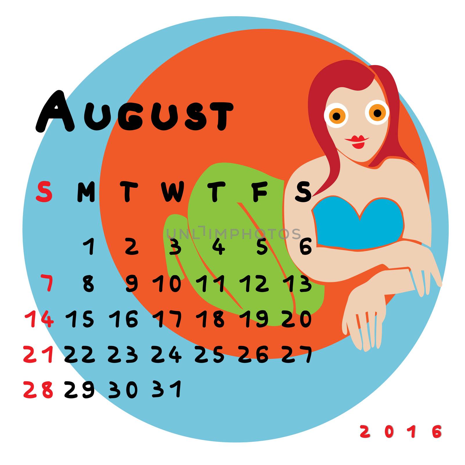 Graphic illustration of the calendar of August 2016 with original hand drawn text and colored clip art of Virgo zodiac sign