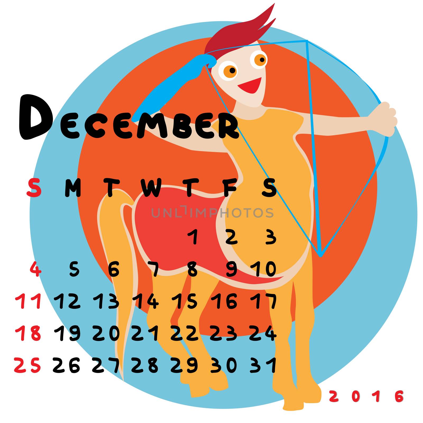 Graphic illustration of the calendar of December 2016 with original hand drawn text and colored clip art of Sagittarius zodiac sign
