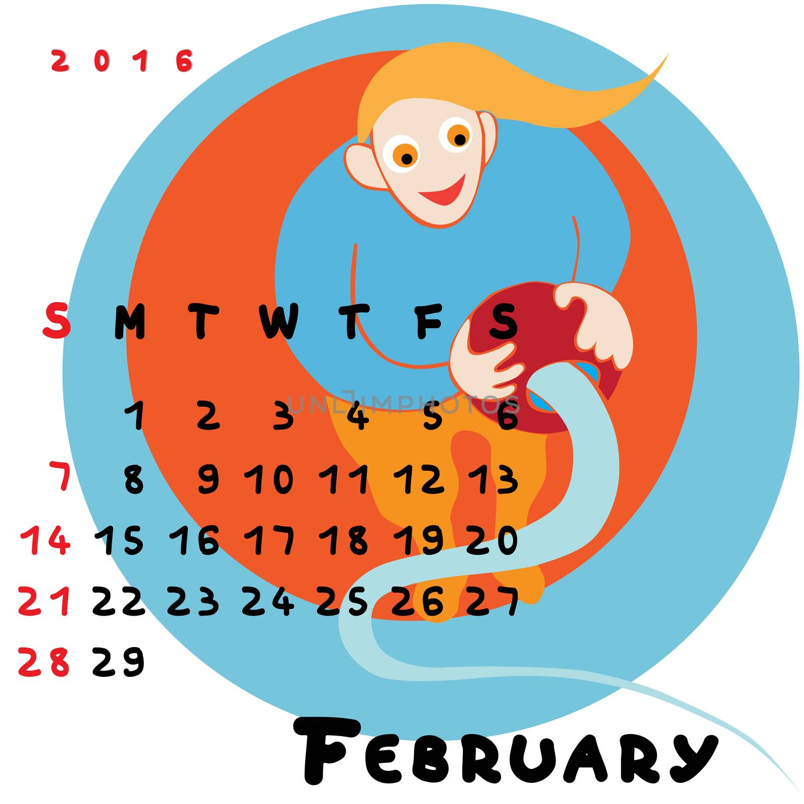 Graphic illustration of the calendar of February 2016 with original hand drawn text and colored clip art of Aquarius zodiac sign