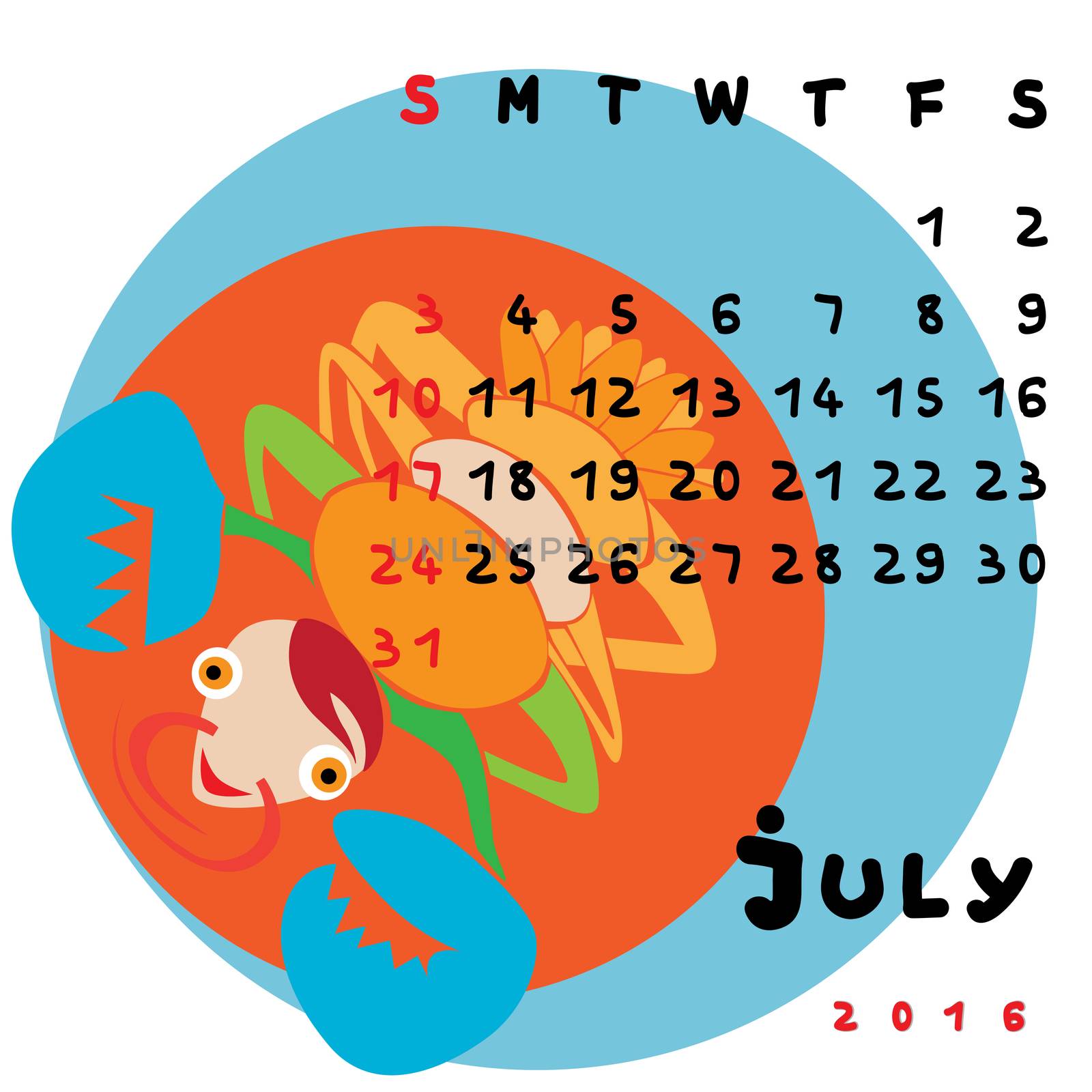 Graphic illustration of the calendar of July 2016 with original hand drawn text and colored clip art of Cancer zodiac sign