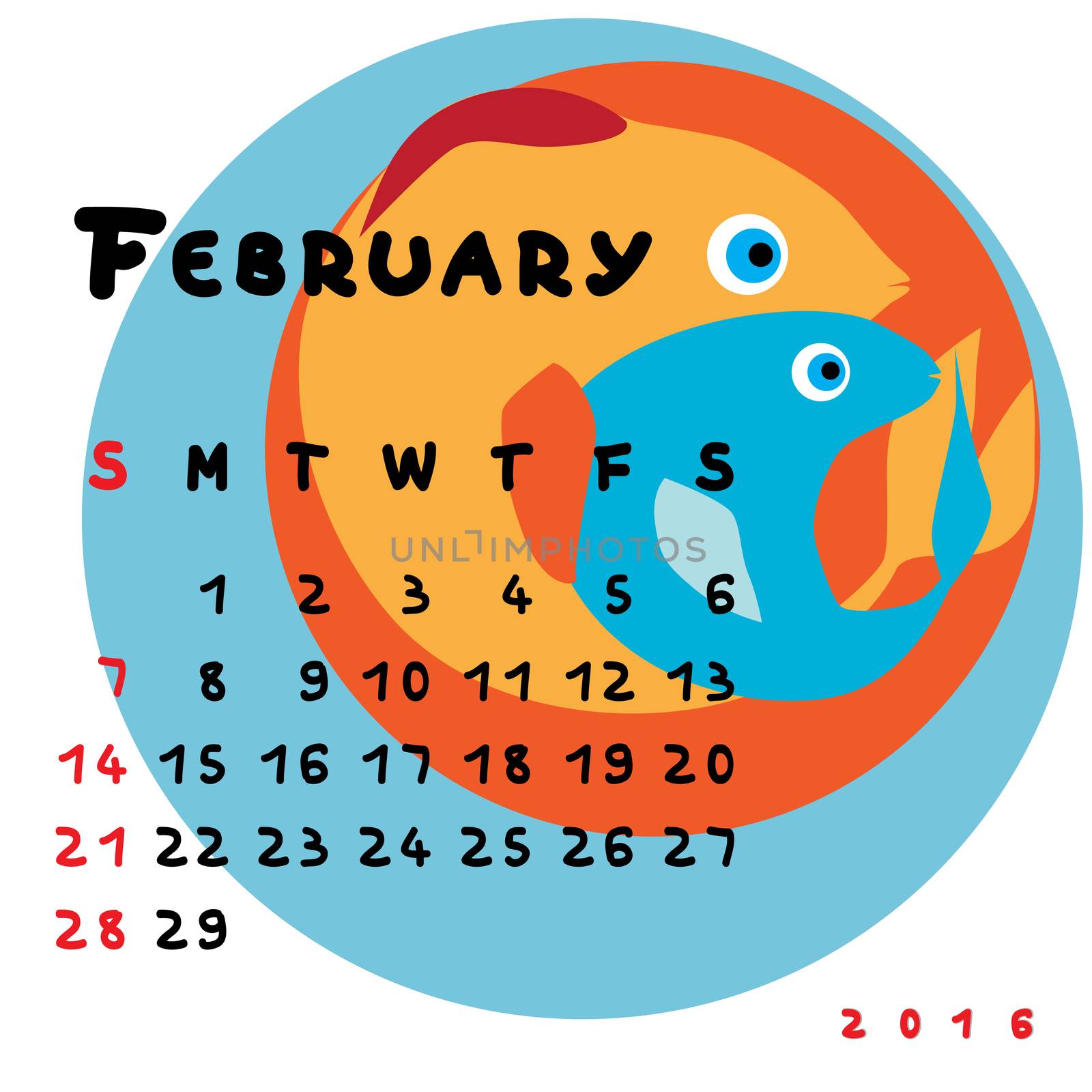 Graphic illustration of the calendar of March 2016 with original hand drawn text and colored clip art of Pisces zodiac sign