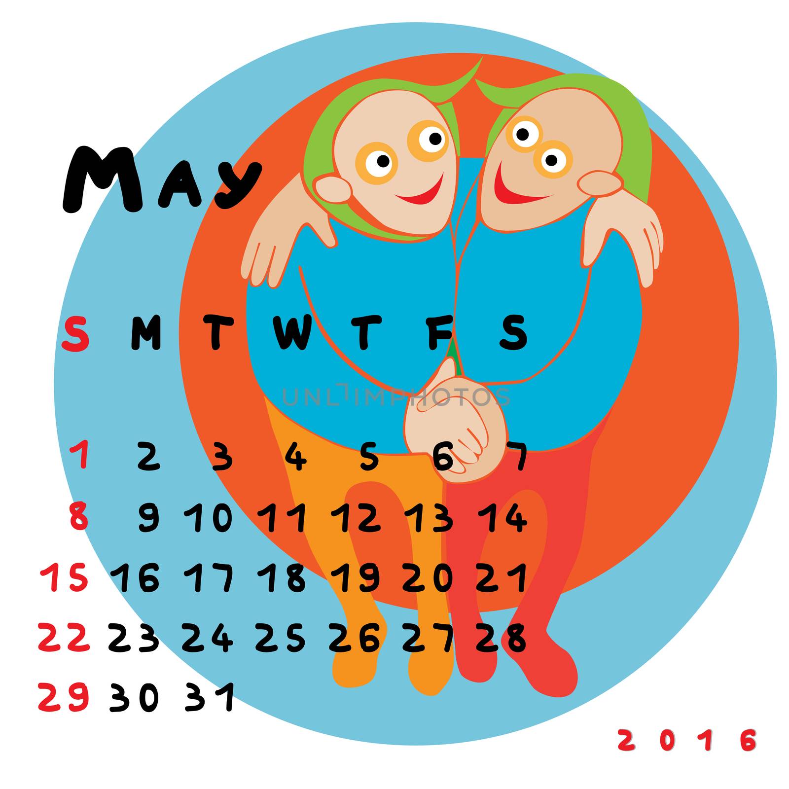 Graphic illustration of the calendar of May 2016 with original hand drawn text and colored clip art of Gemini zodiac sign
