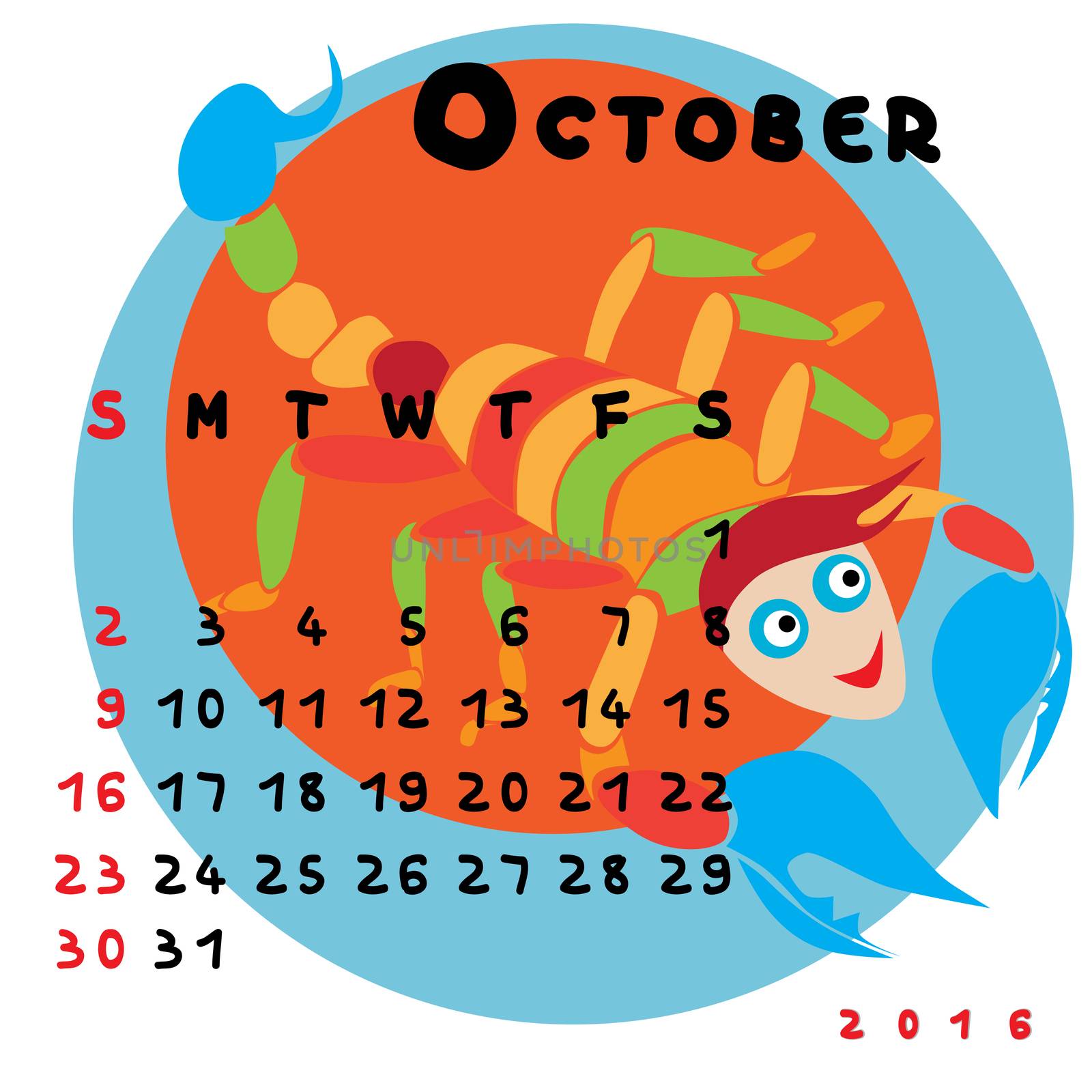 Graphic illustration of the calendar of October 2016 with original hand drawn text and colored clip art of Scorpio zodiac sign