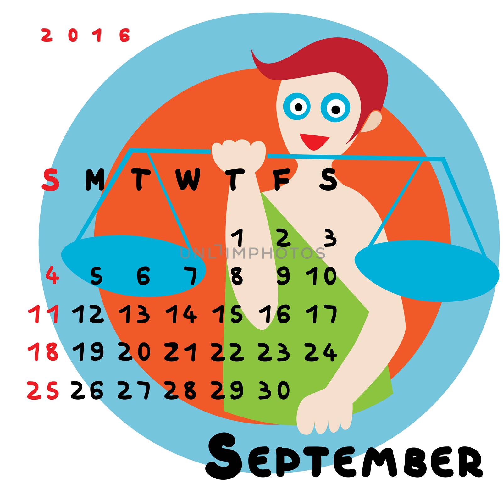 Graphic illustration of the calendar of September 2016 with original hand drawn text and colored clip art of Libra zodiac sign