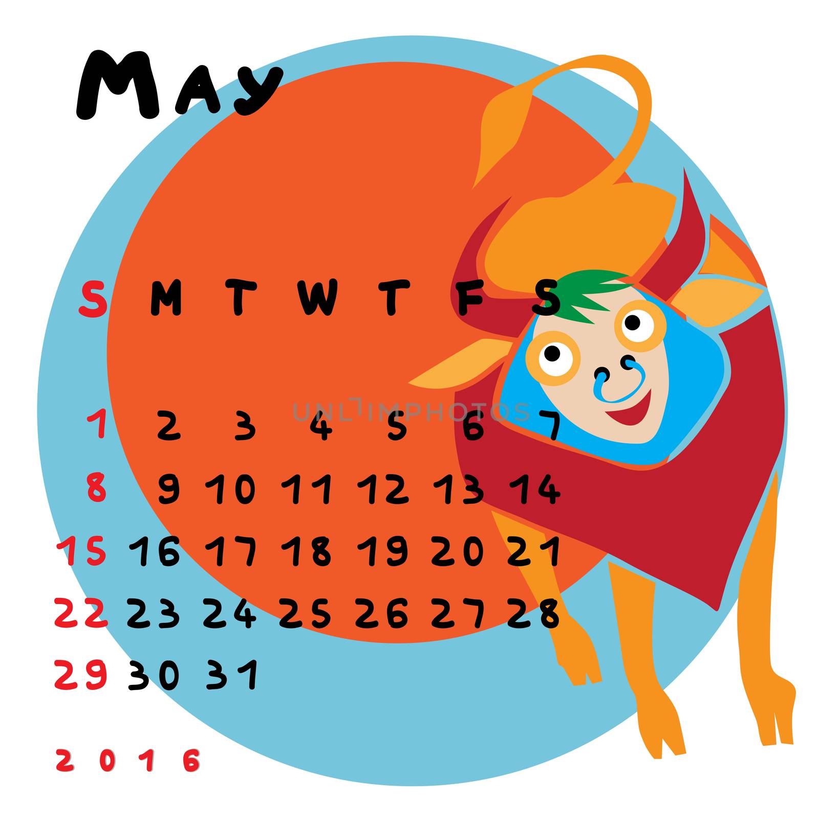Graphic illustration of the calendar of May 2016 with original hand drawn text and colored clip art of Taurus zodiac sign