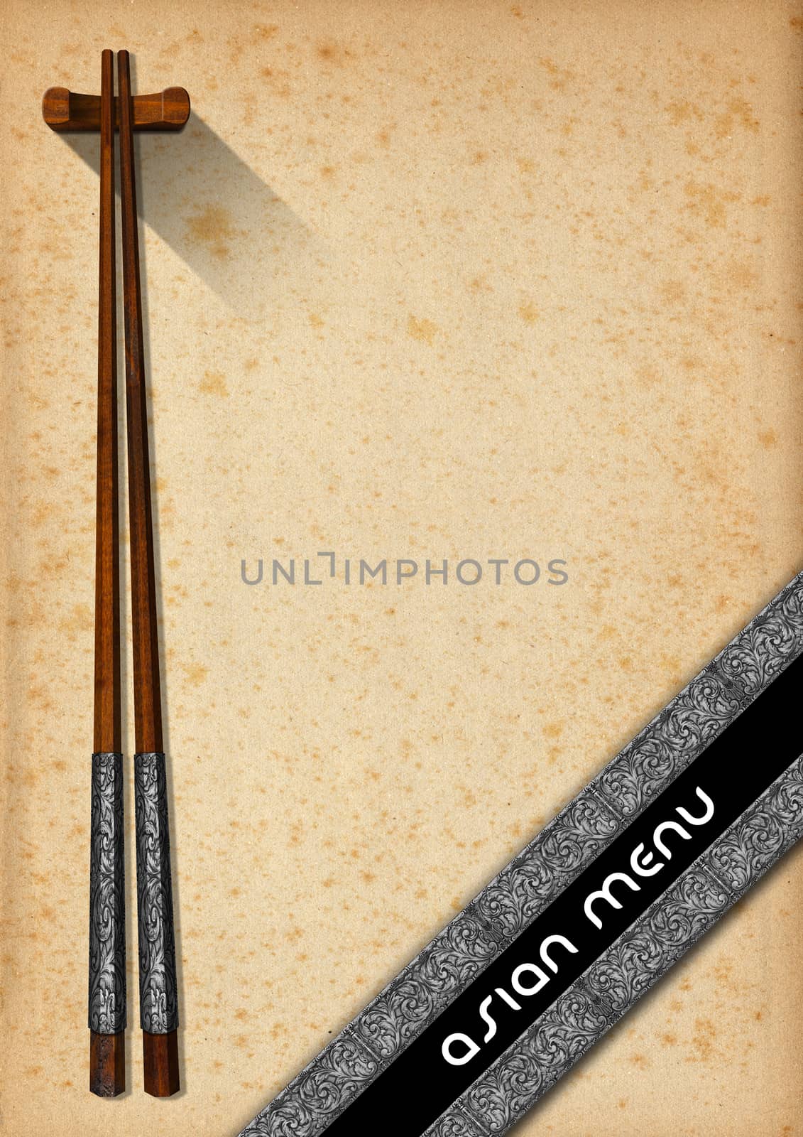 Template for an Asian menu with wooden and silver chopsticks on an yellowed old paper with diagonal silver bands