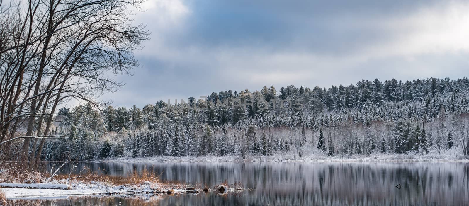 Winter forest reflections.  Mirage on a yet unfrozen lake. 
Still waters reflect winter forests.  Light snow under subdued overcast November sky.  Reflections of waterfront forest mirrored on the lake.