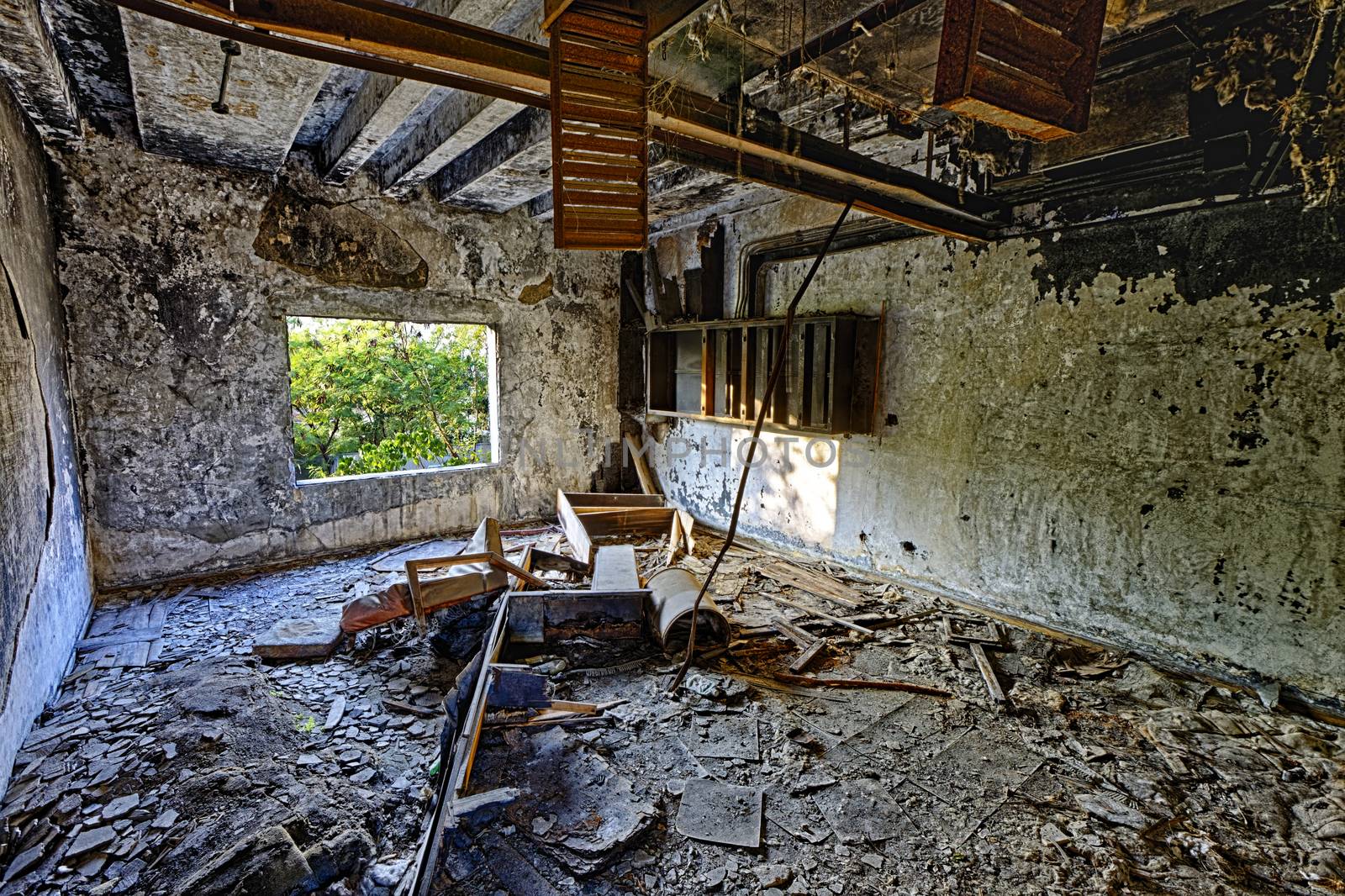 Old abandoned ruin factory damage building inside