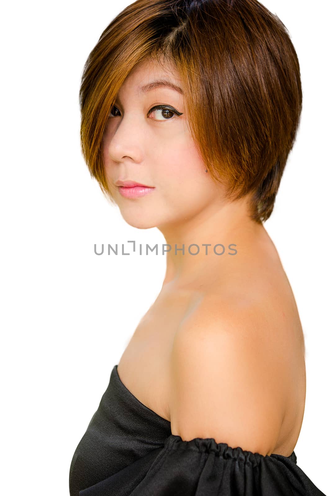 Portrait of a beautiful female model on white background