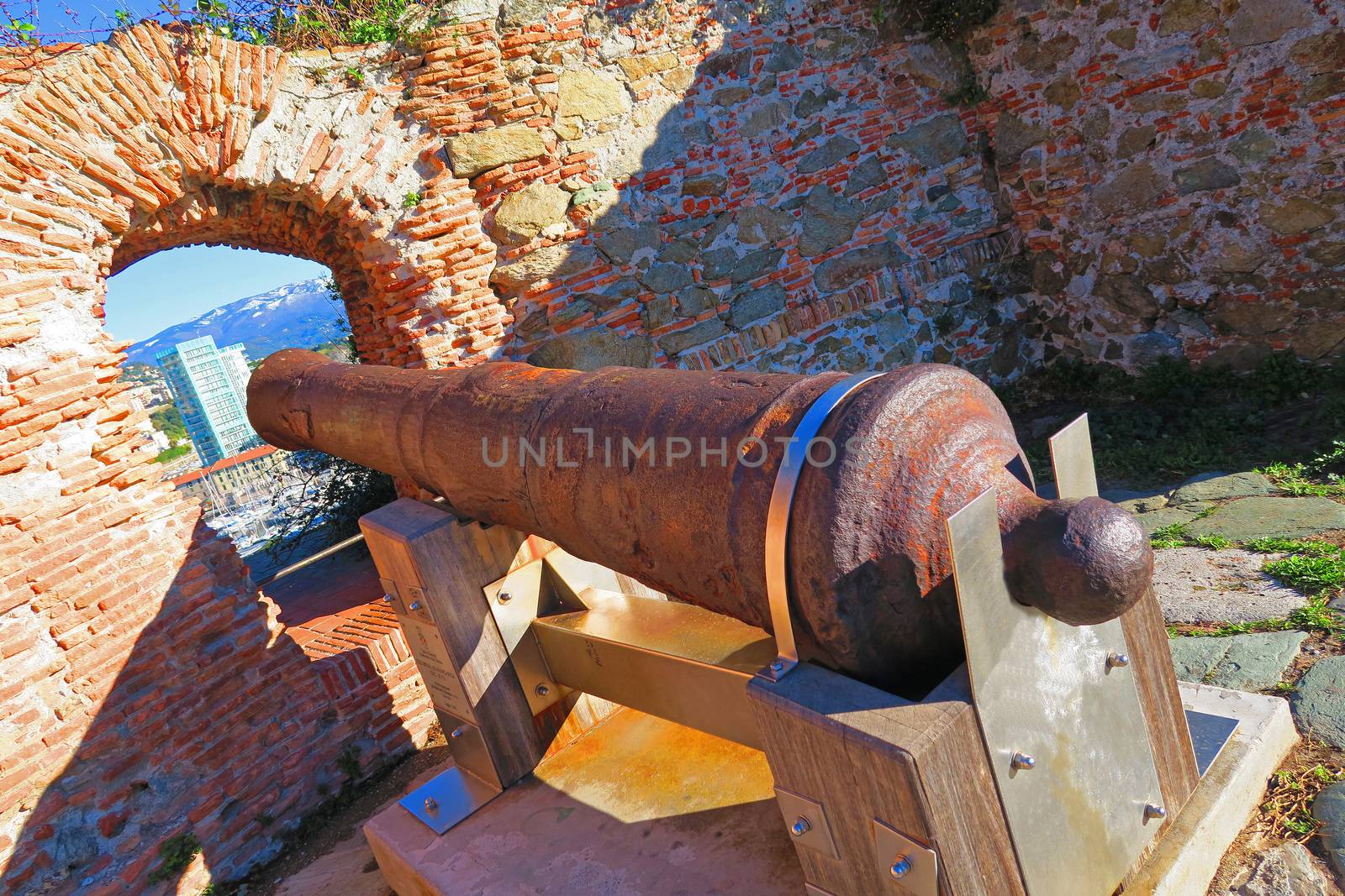 Savona,Italy,22 november 2015. View of a muzzle-loading culverin of the seventeenth century in the Priamar fortress,Savona, Liguria.