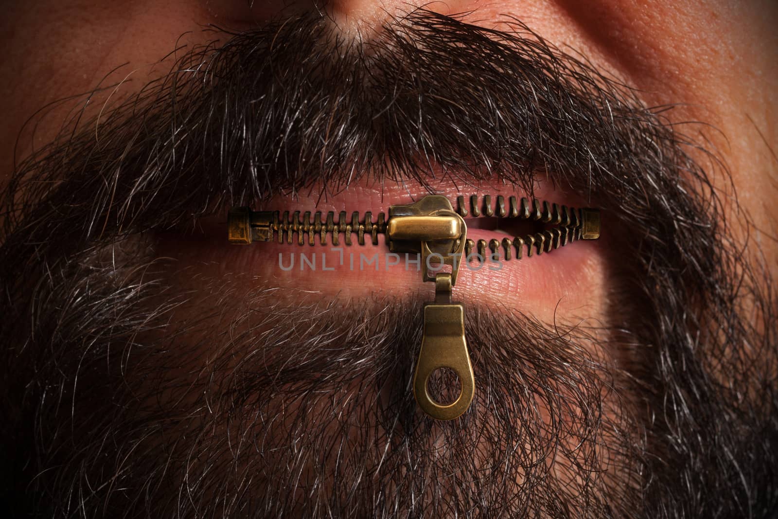 Beard man with zipped mouth