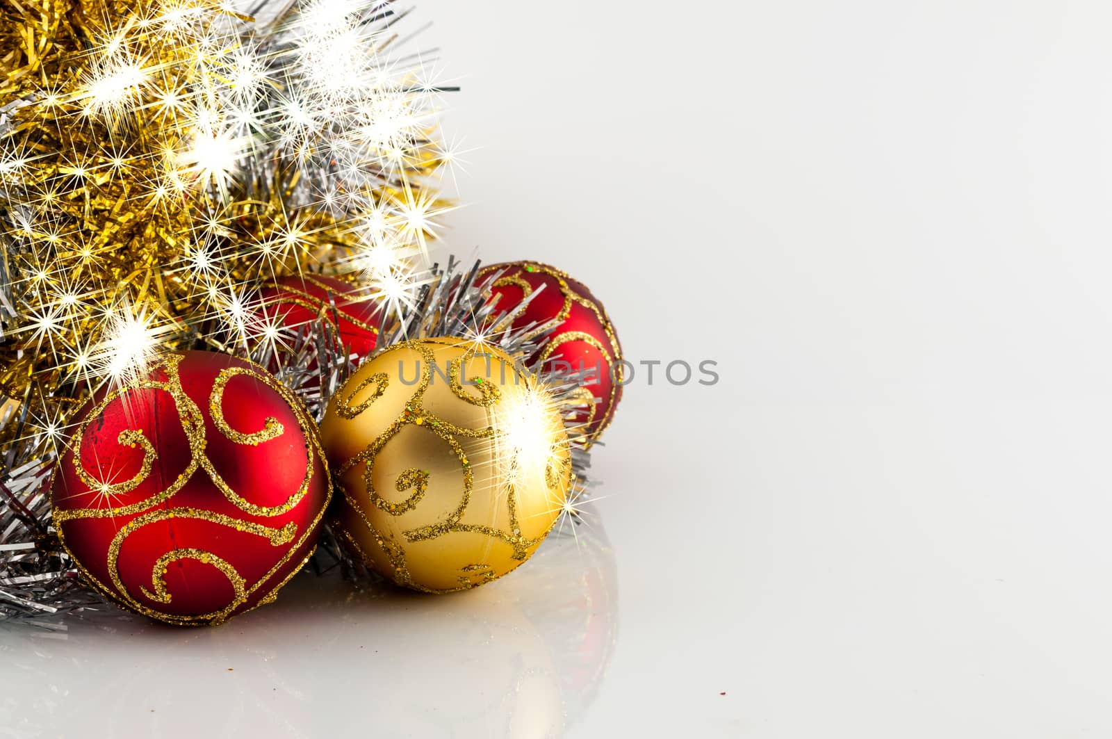 Christmas decoration, red gold and silver, on white background