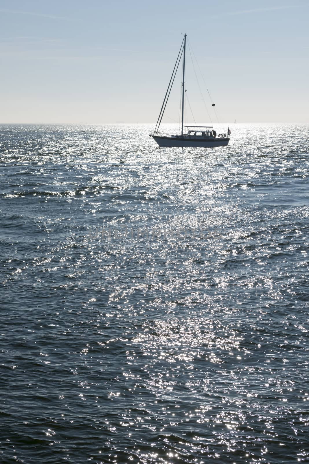 Sailing boat against the glare of the Sun in the sea
