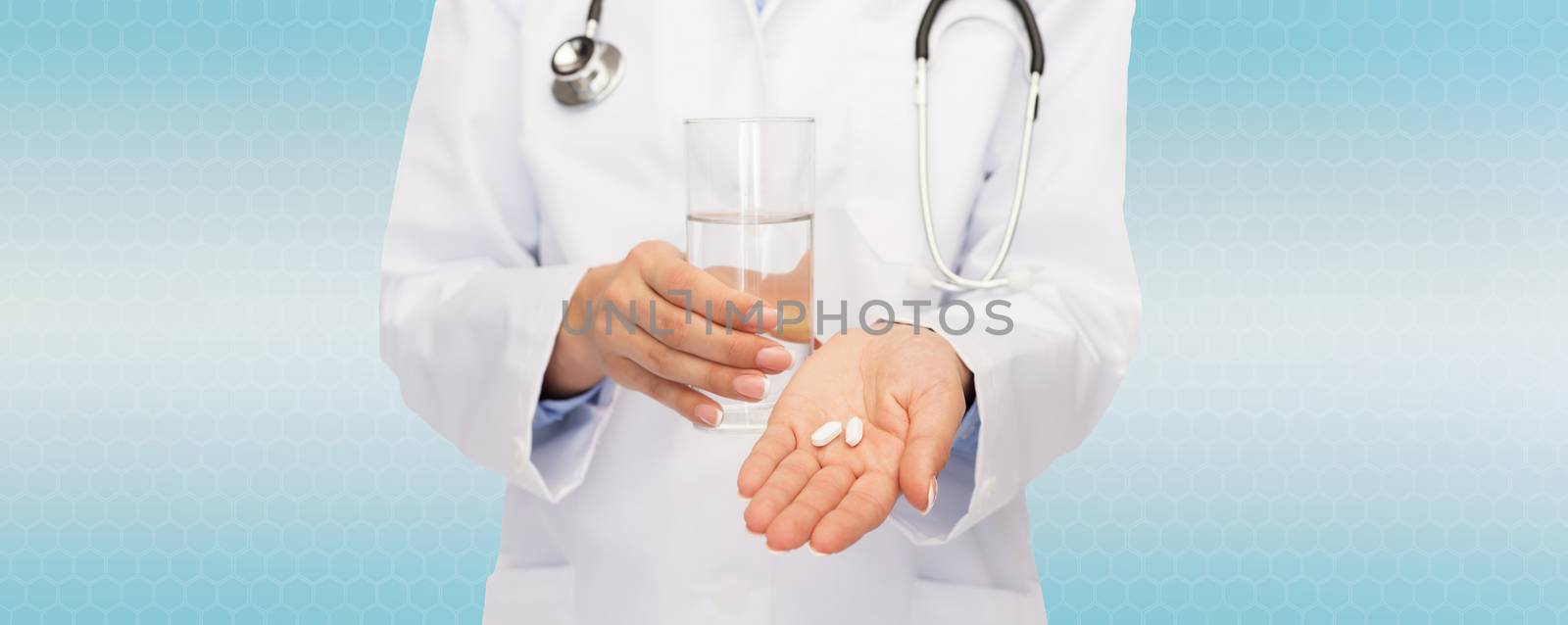 healthcare, medicine, people and pharmacy concept - close up of doctor with stethoscope offering pills and water over blue background