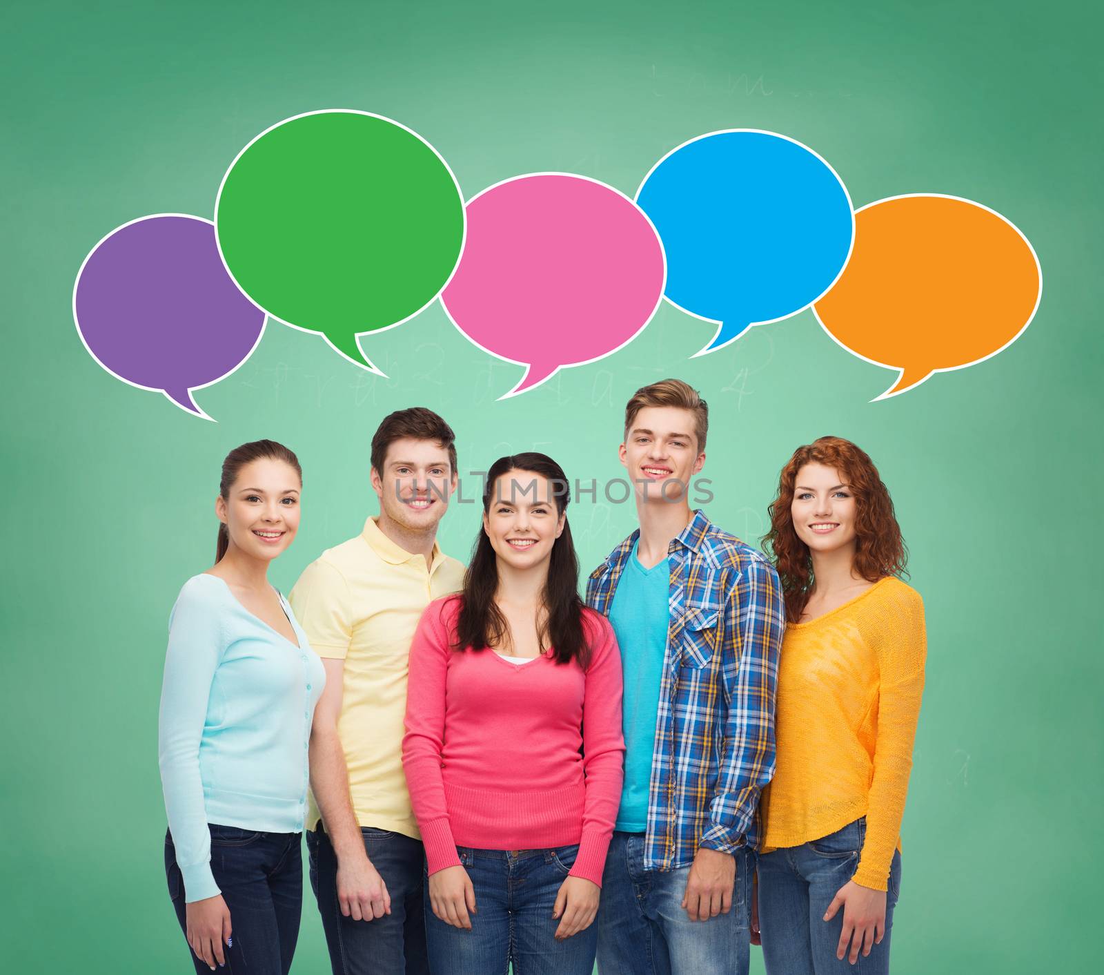 group of smiling teenagers with text bubbles by dolgachov