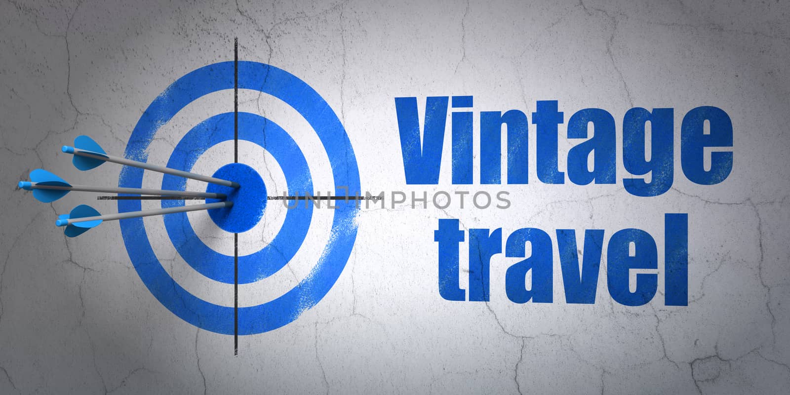 Success tourism concept: arrows hitting the center of target, Blue Vintage Travel on wall background