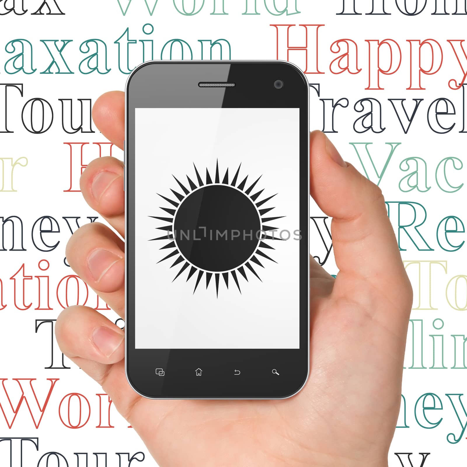 Tourism concept: Hand Holding Smartphone with  black Sun icon on display,  Tag Cloud background