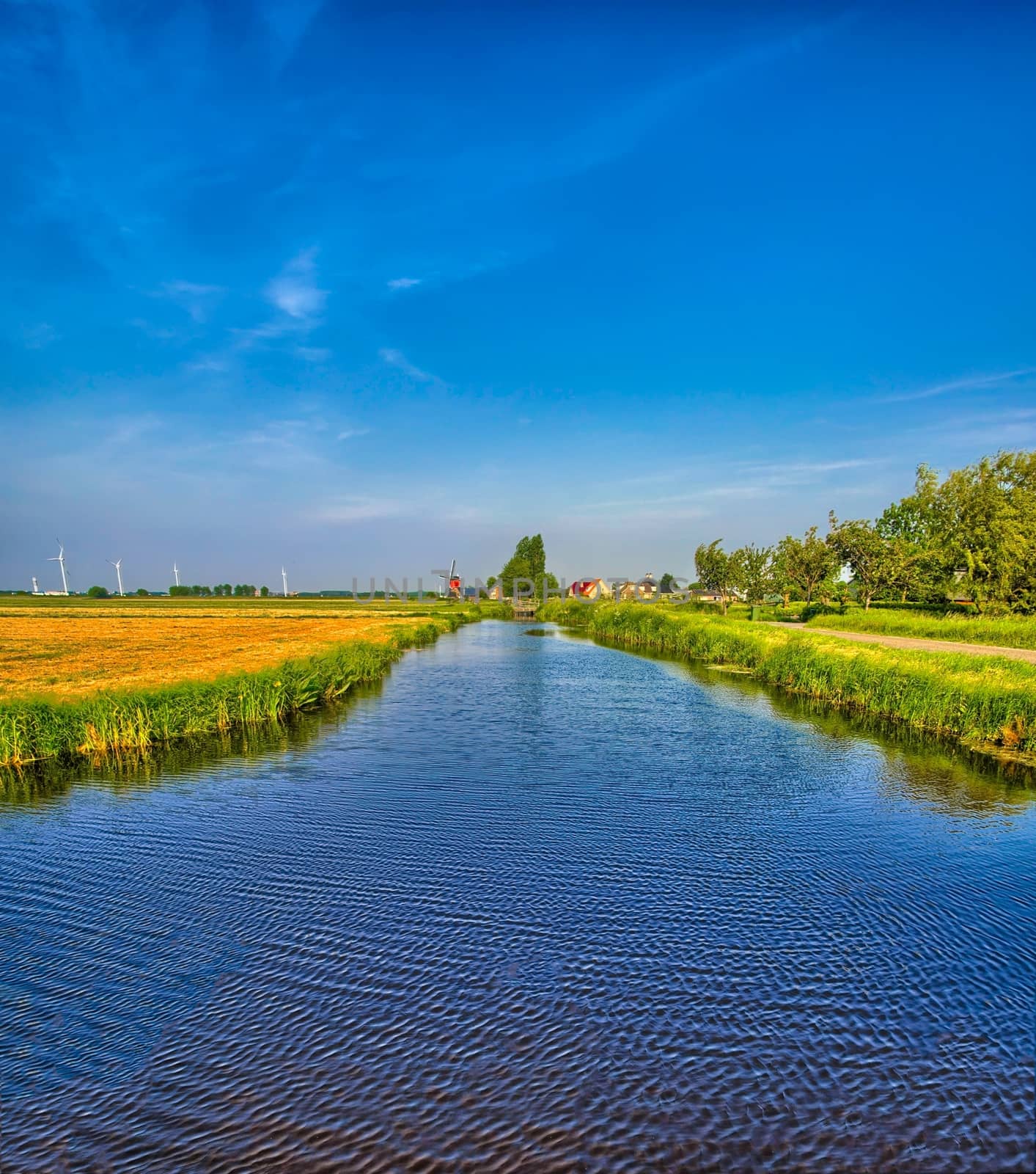 Dutch landscape with a canal and grass fields with mirror reflection in water, Amsterdam, Holland, Netherlands, HDR