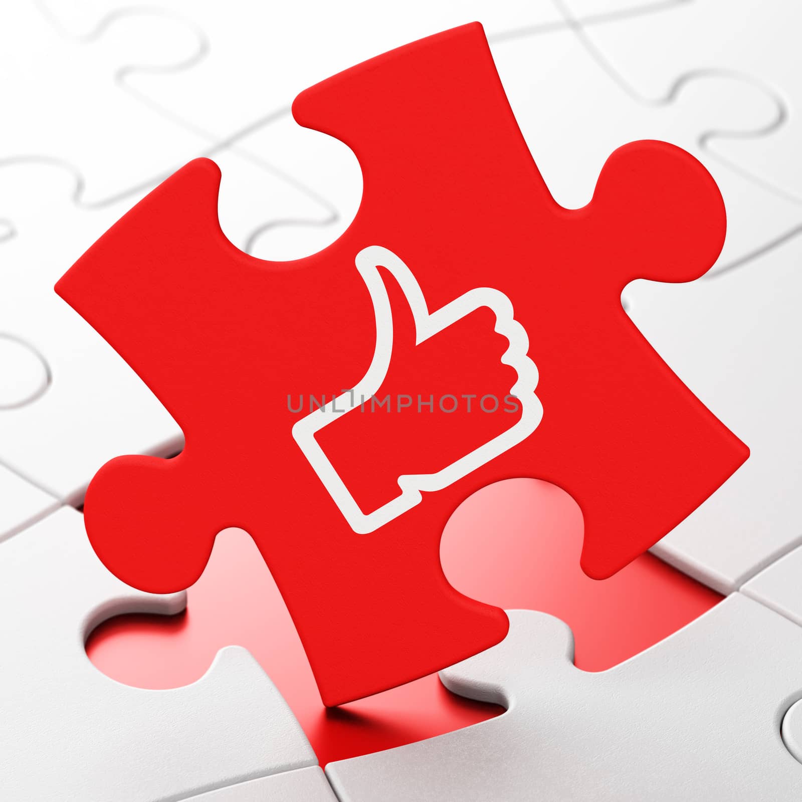 Social network concept: Thumb Up on Red puzzle pieces background, 3d render