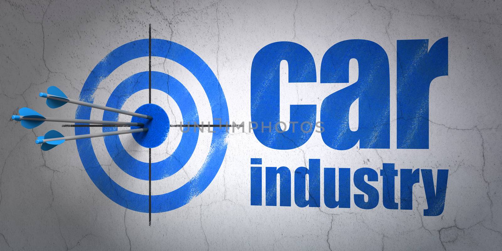 Success Manufacuring concept: arrows hitting the center of target, Blue Car Industry on wall background