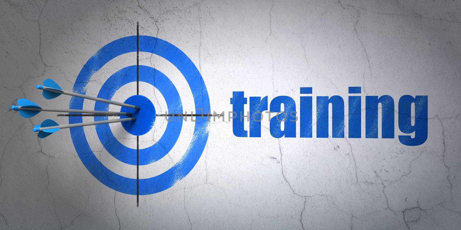 Success Learning concept: arrows hitting the center of target, Blue Training on wall background