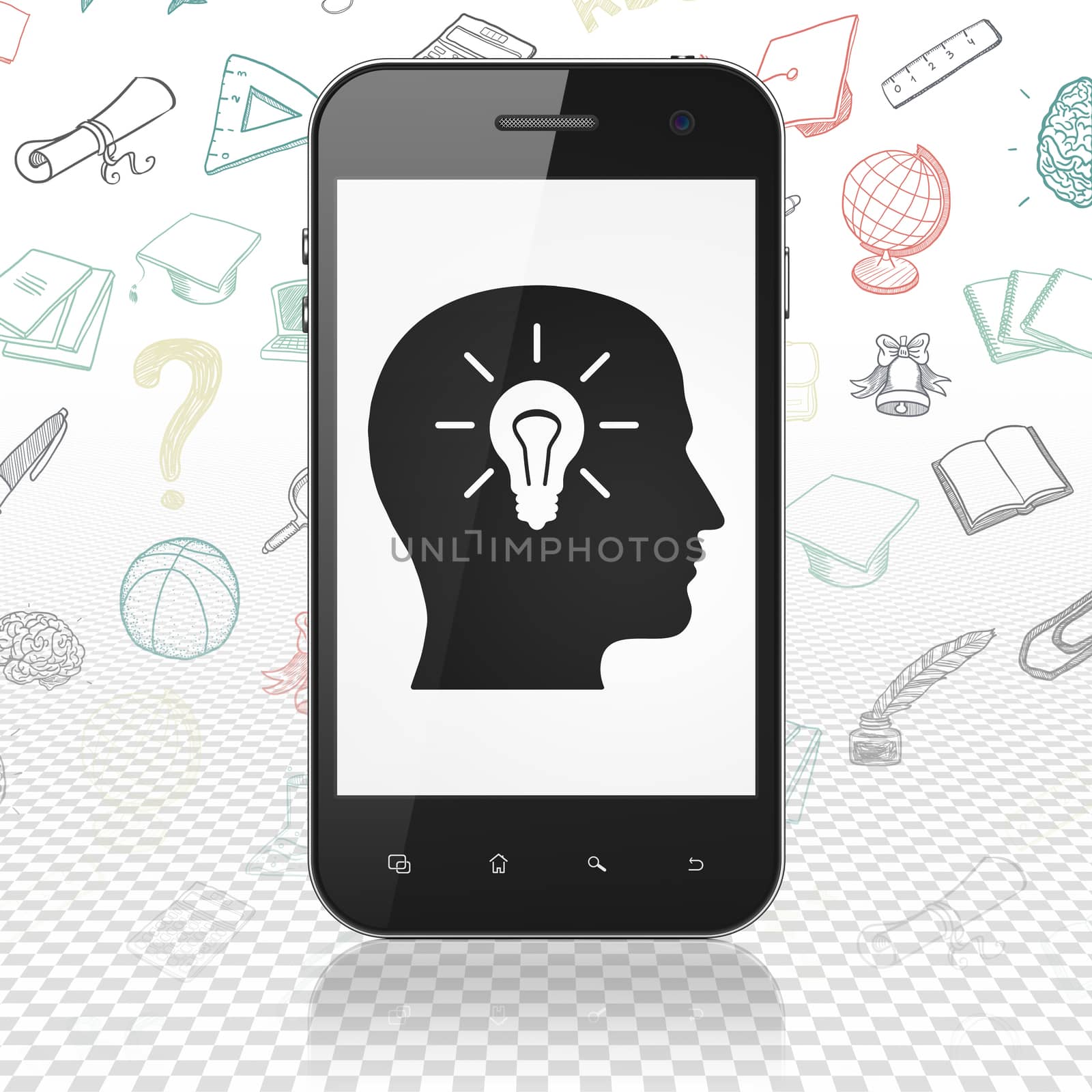 Education concept: Smartphone with  black Head With Light Bulb icon on display,  Hand Drawn Education Icons background