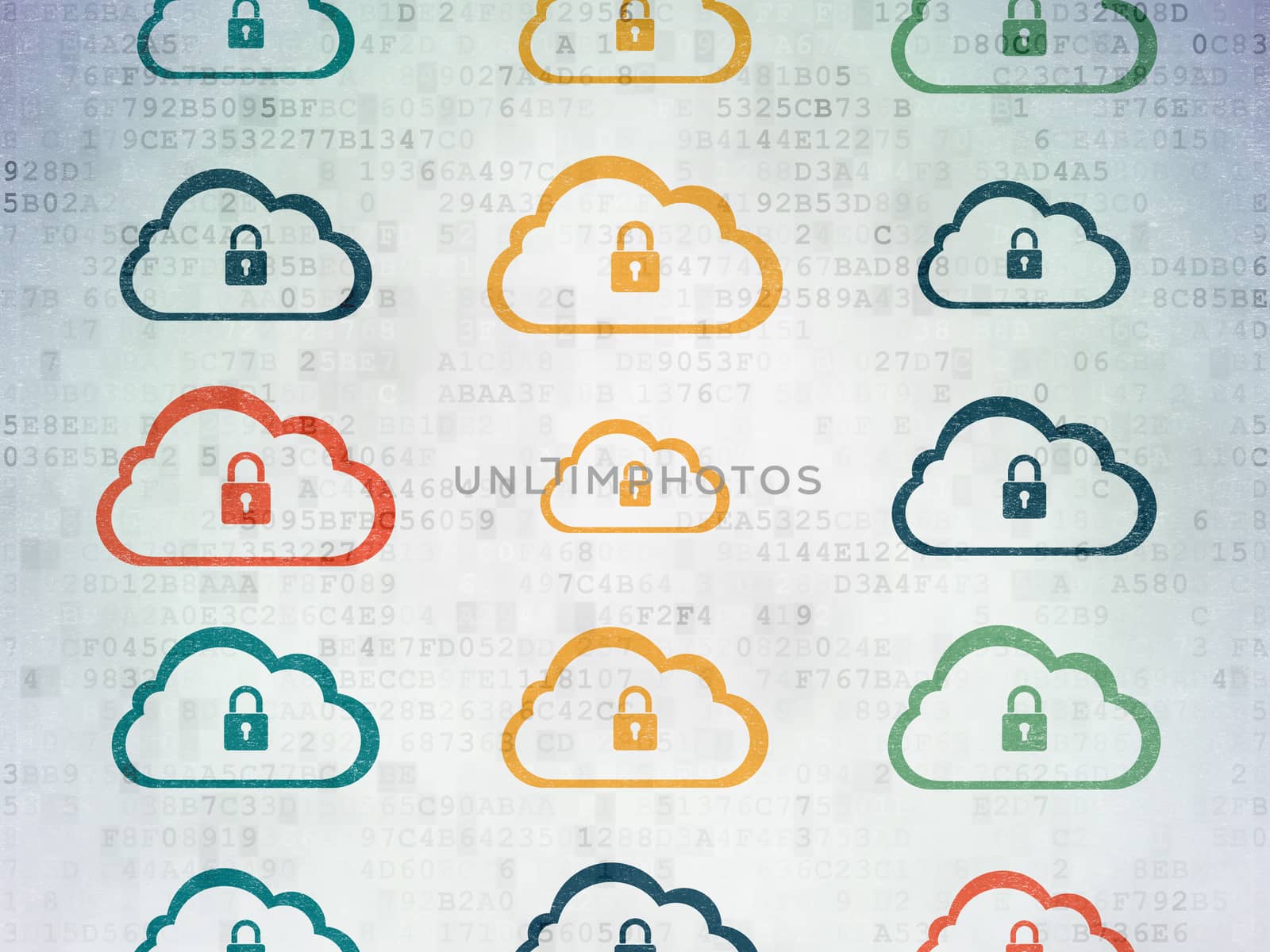Cloud networking concept: Cloud With Padlock icons on Digital Paper background by maxkabakov