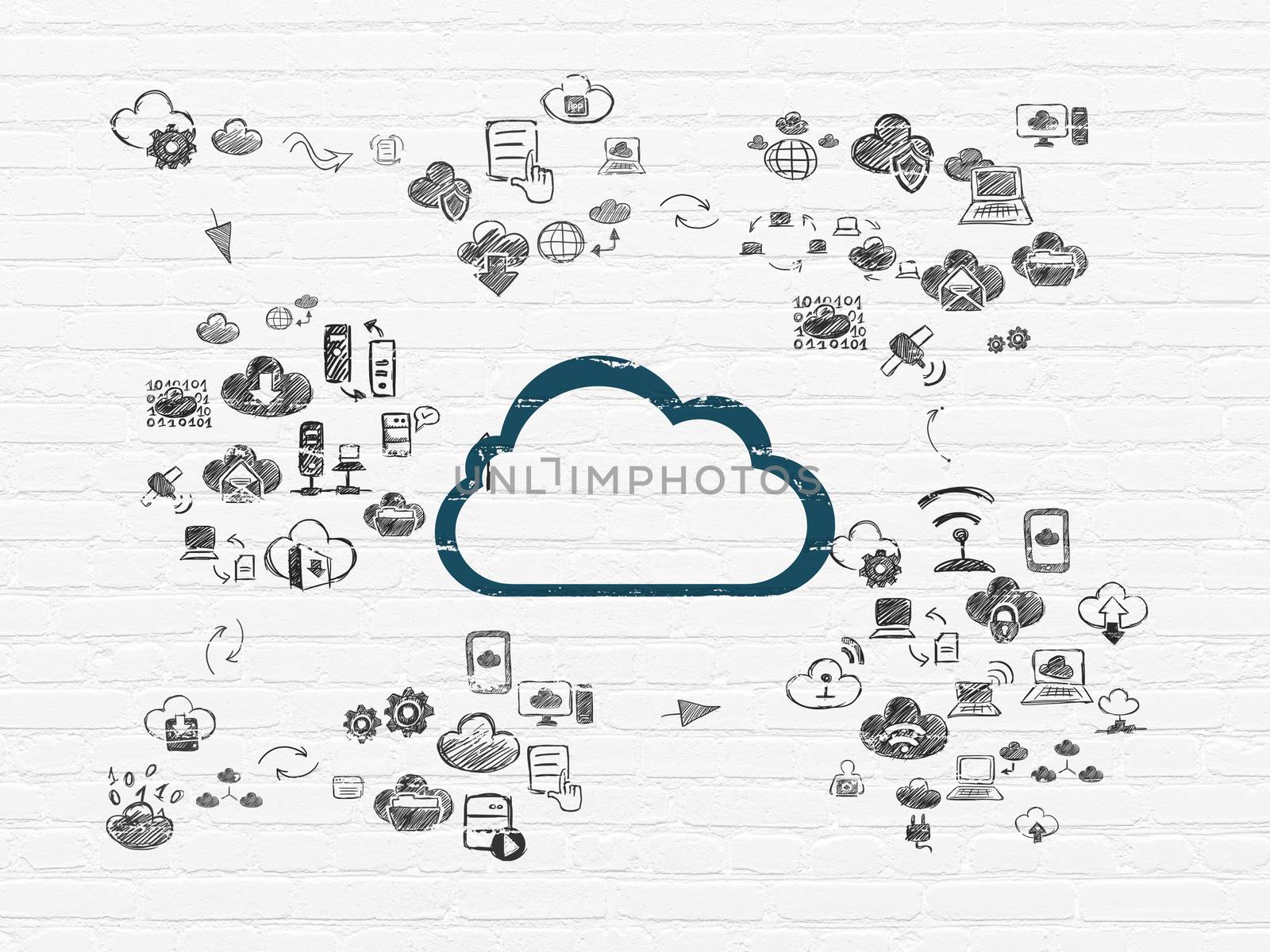 Cloud networking concept: Painted blue Cloud icon on White Brick wall background with Scheme Of Hand Drawn Cloud Technology Icons