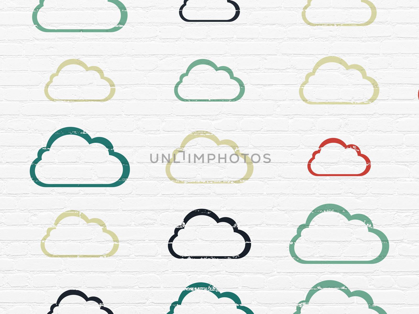 Cloud networking concept: Painted multicolor Cloud icons on White Brick wall background