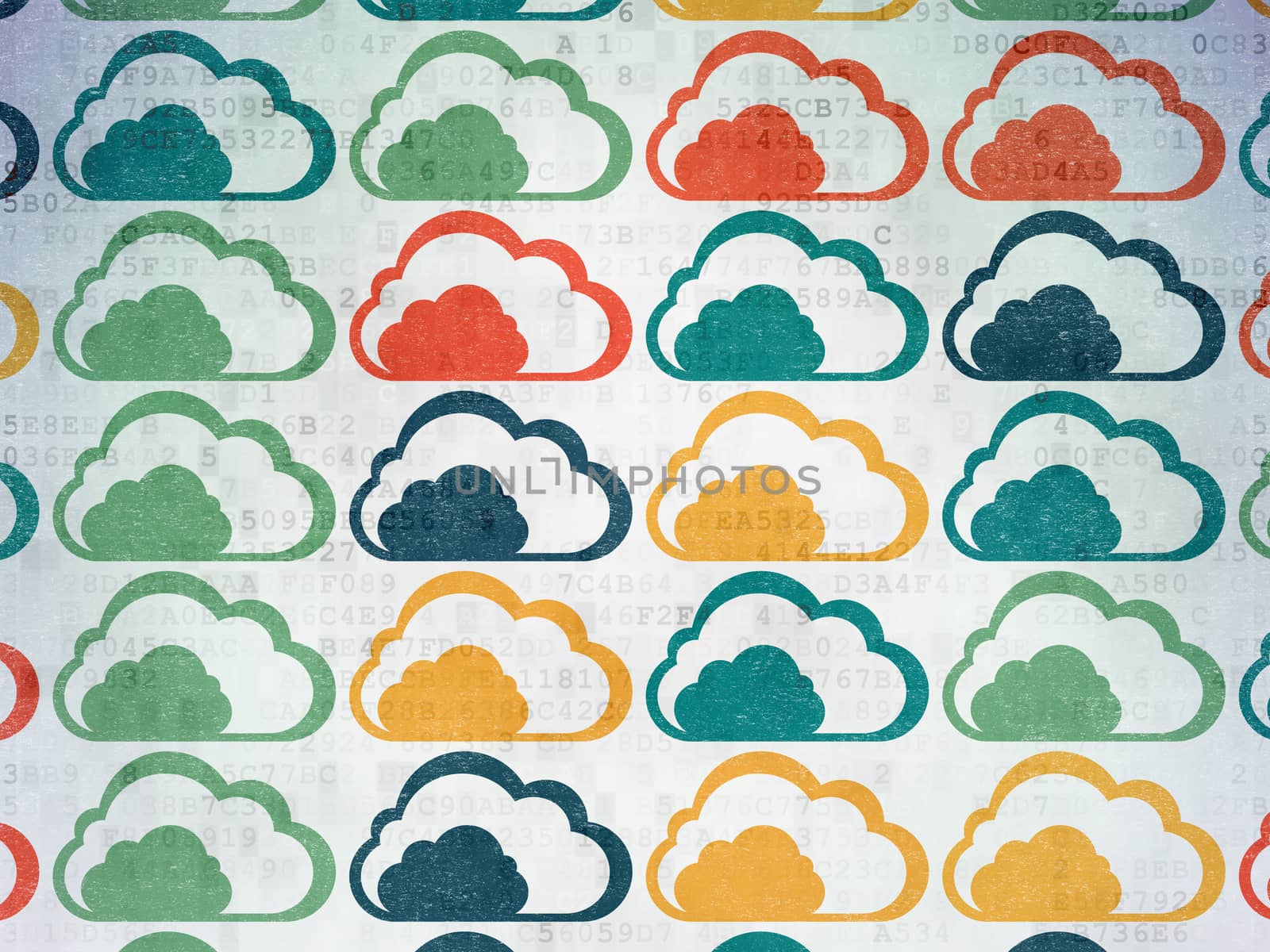 Cloud networking concept: Painted multicolor Cloud icons on Digital Paper background