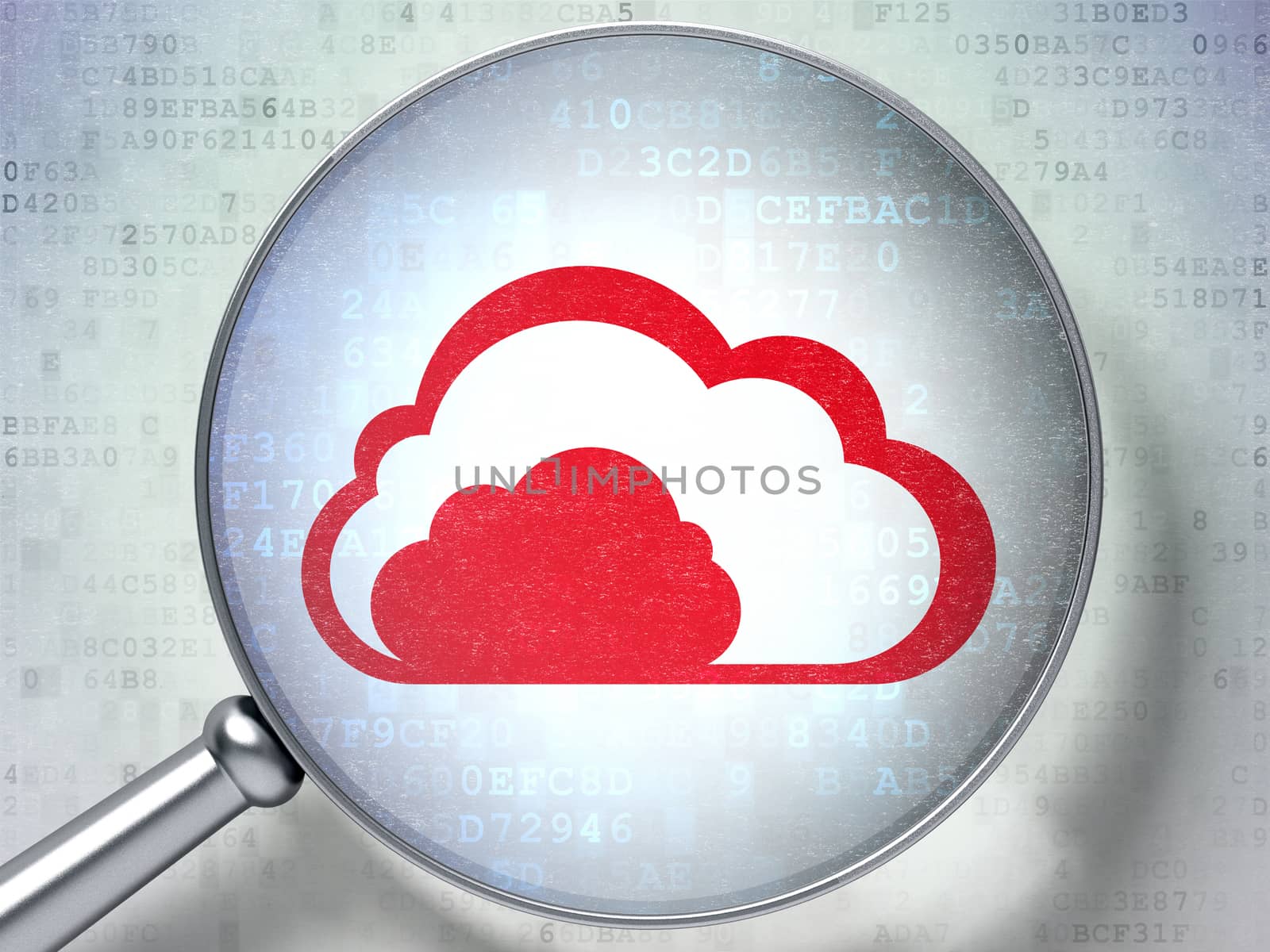 Cloud technology concept: magnifying optical glass with Cloud icon on digital background