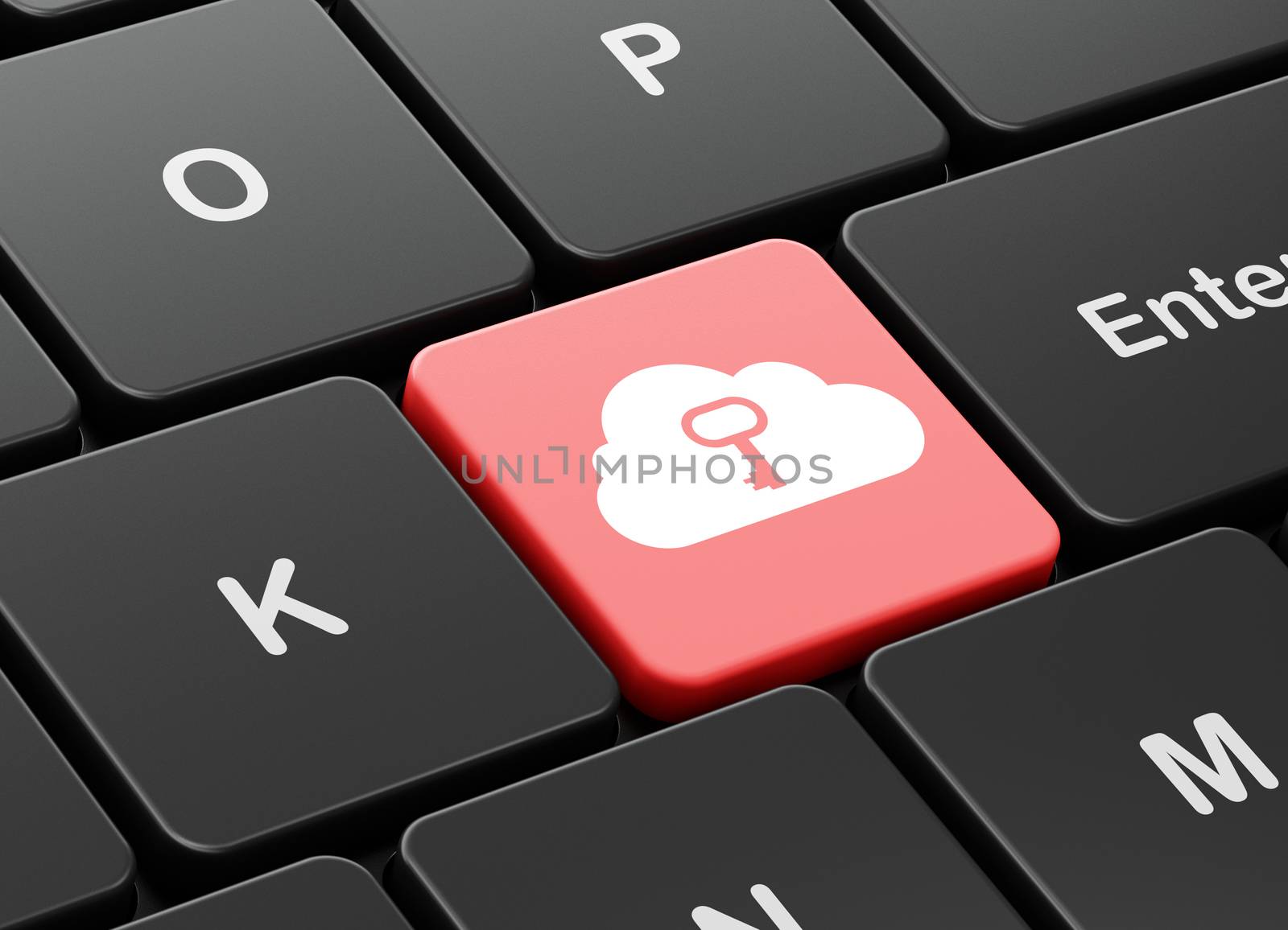 Cloud networking concept: computer keyboard with Cloud With Key icon on enter button background, 3d render