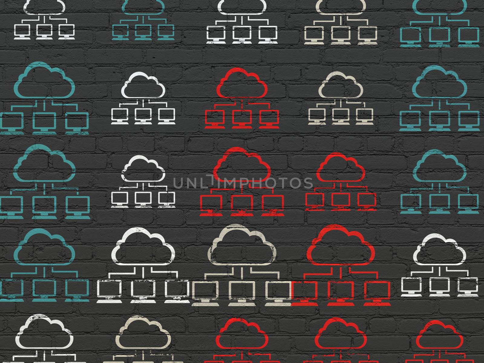 Cloud technology concept: Cloud Network icons on wall background by maxkabakov