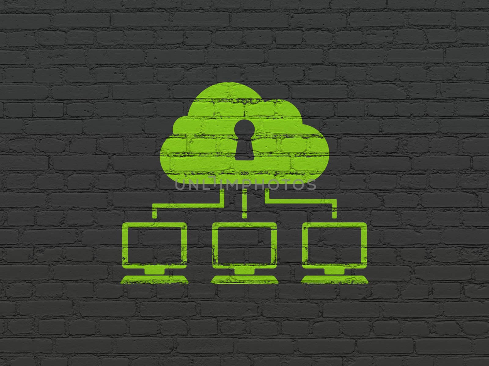 Cloud technology concept: Painted green Cloud Network icon on Black Brick wall background
